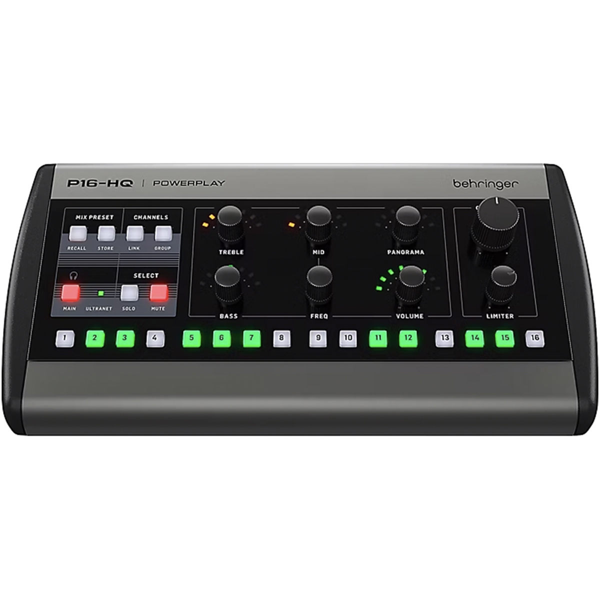 Behringer P16-HQ POWERPLAY 16-Channel Personal Monitoring Mixer Equipamento áudio Behringer P16-HQ POWERPLAY com botões coloridos e botões giratórios