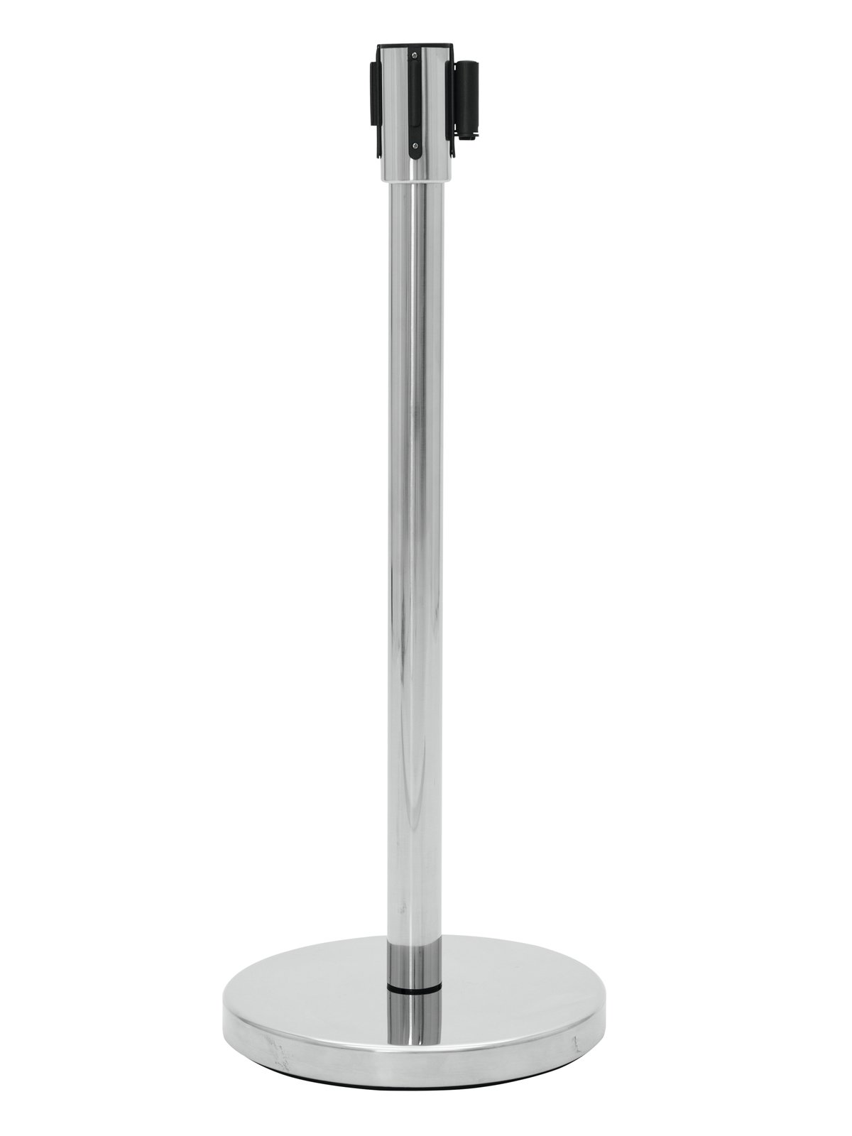 GUIL PST-11N Barrier System with Retractable Belt (black) Poste separador de filas metálico com base circular e fita extensível preta