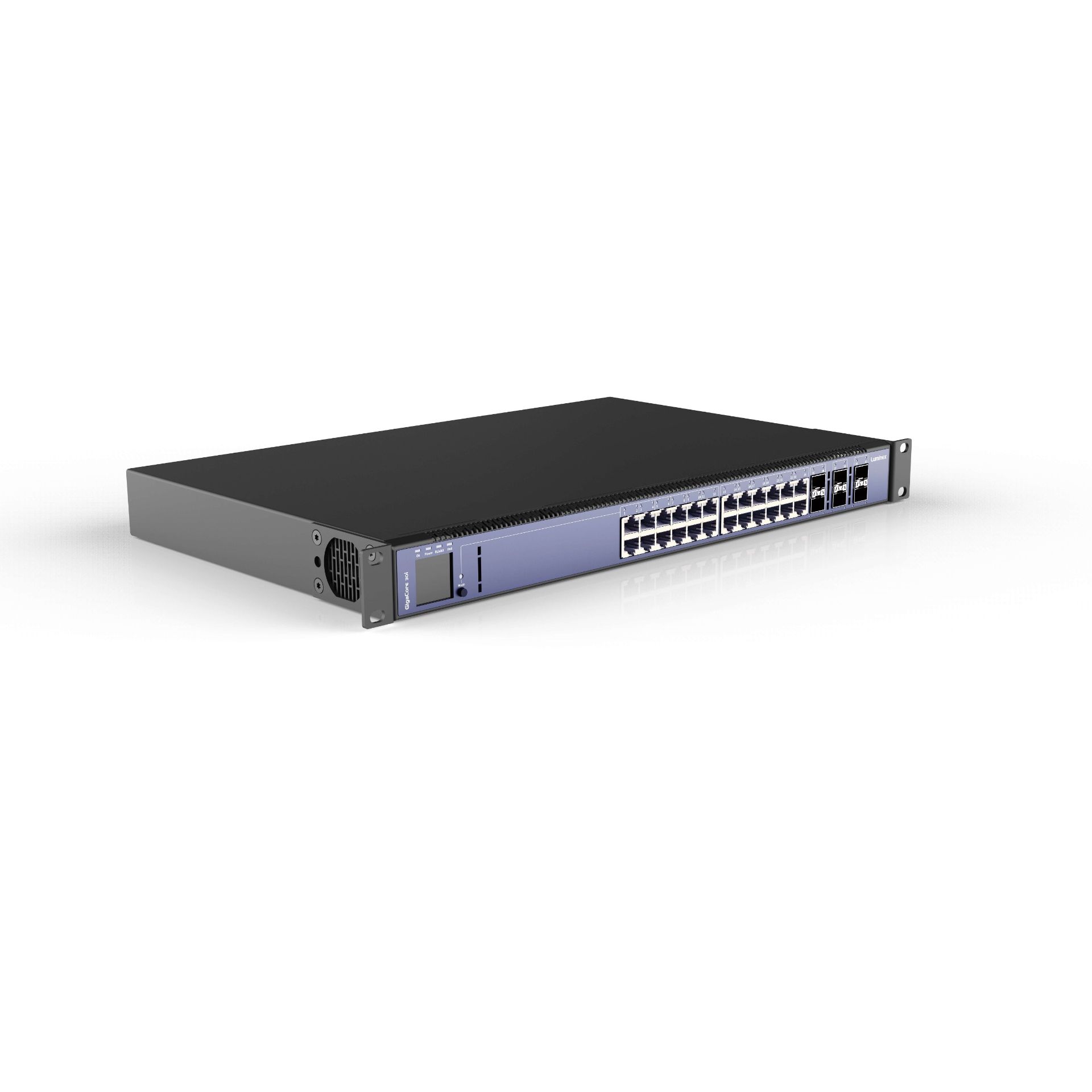 Luminex - GigaCore 30i - 24x1G 6x10G ( SFP+) Interruptor de rede preto com 24 portas Ethernet e painel frontal azul