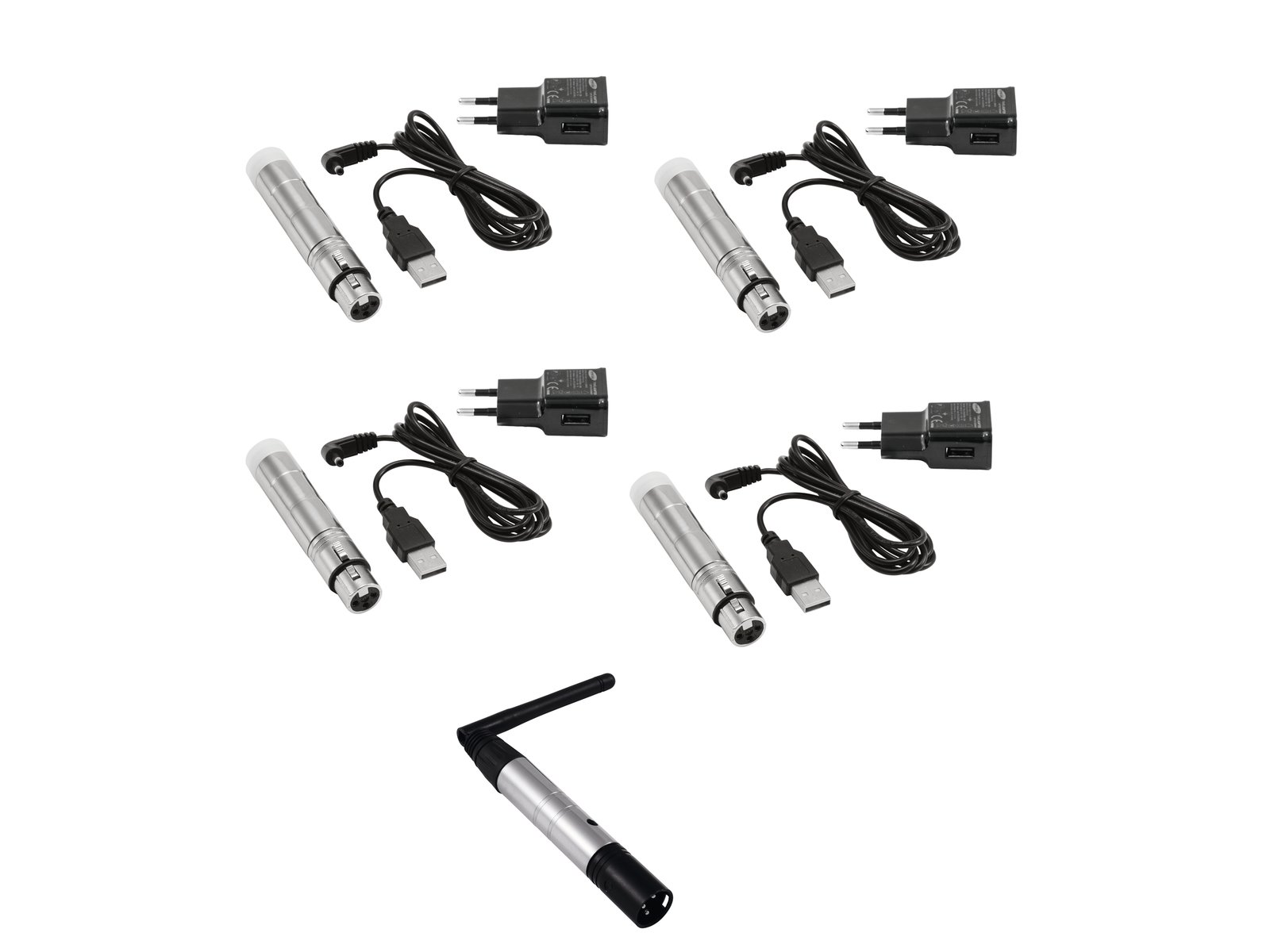 EUROLITE Set QuickDMX 1x transmitter + 4x AKKU receiver Apontadores laser prateados com cabos e adaptadores em fundo branco