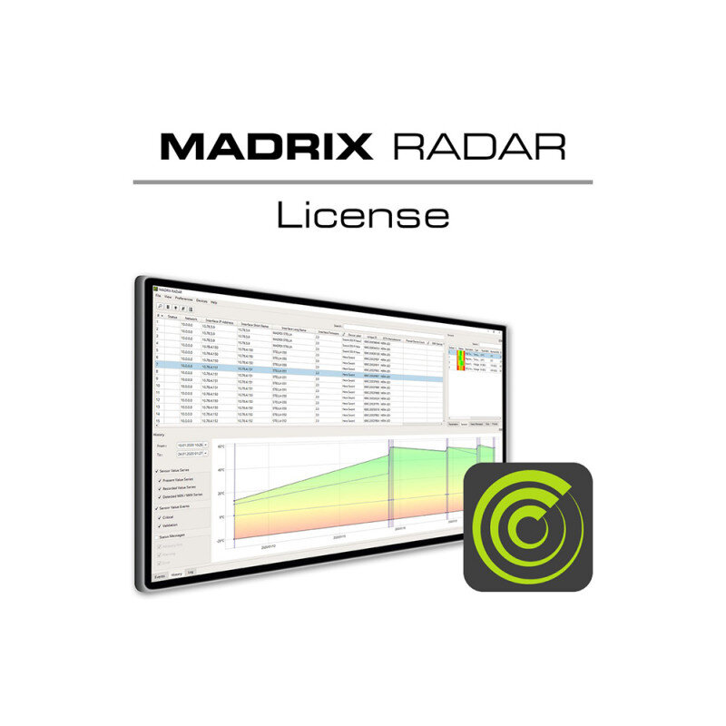RADAR fusion small - Lighting fixtures management software, 64 RDM devices / sub-devices, upgradable, lifetime validity Interface de software MADRIX RADAR License num ecrã de computador com gráfico e tabela, mais ícone radar