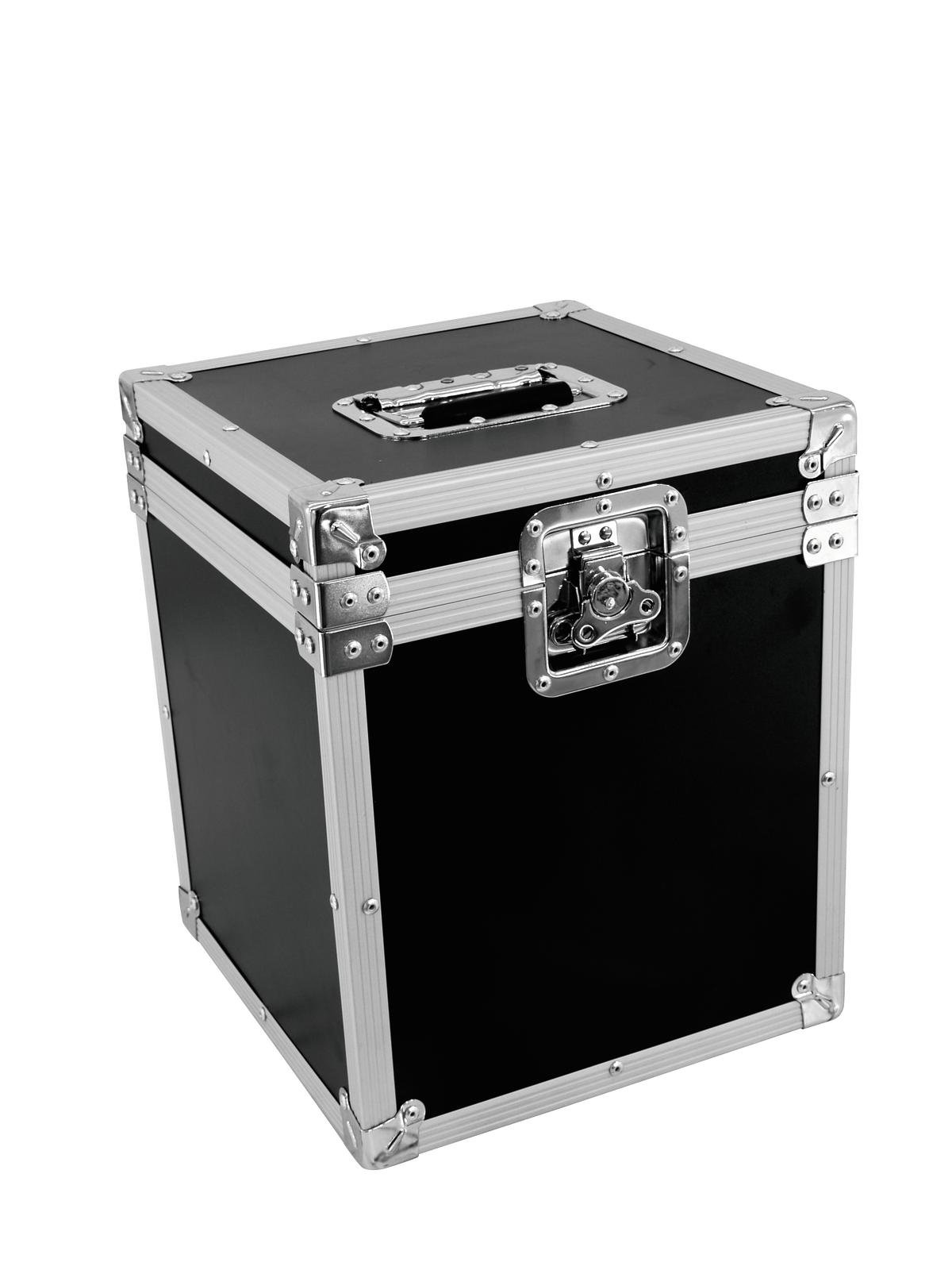 ROADINGER Flightcase Mirror Ball 30cm Caixa de transporte preta com bordas e cantos metálicos prateados e fechadura frontal.