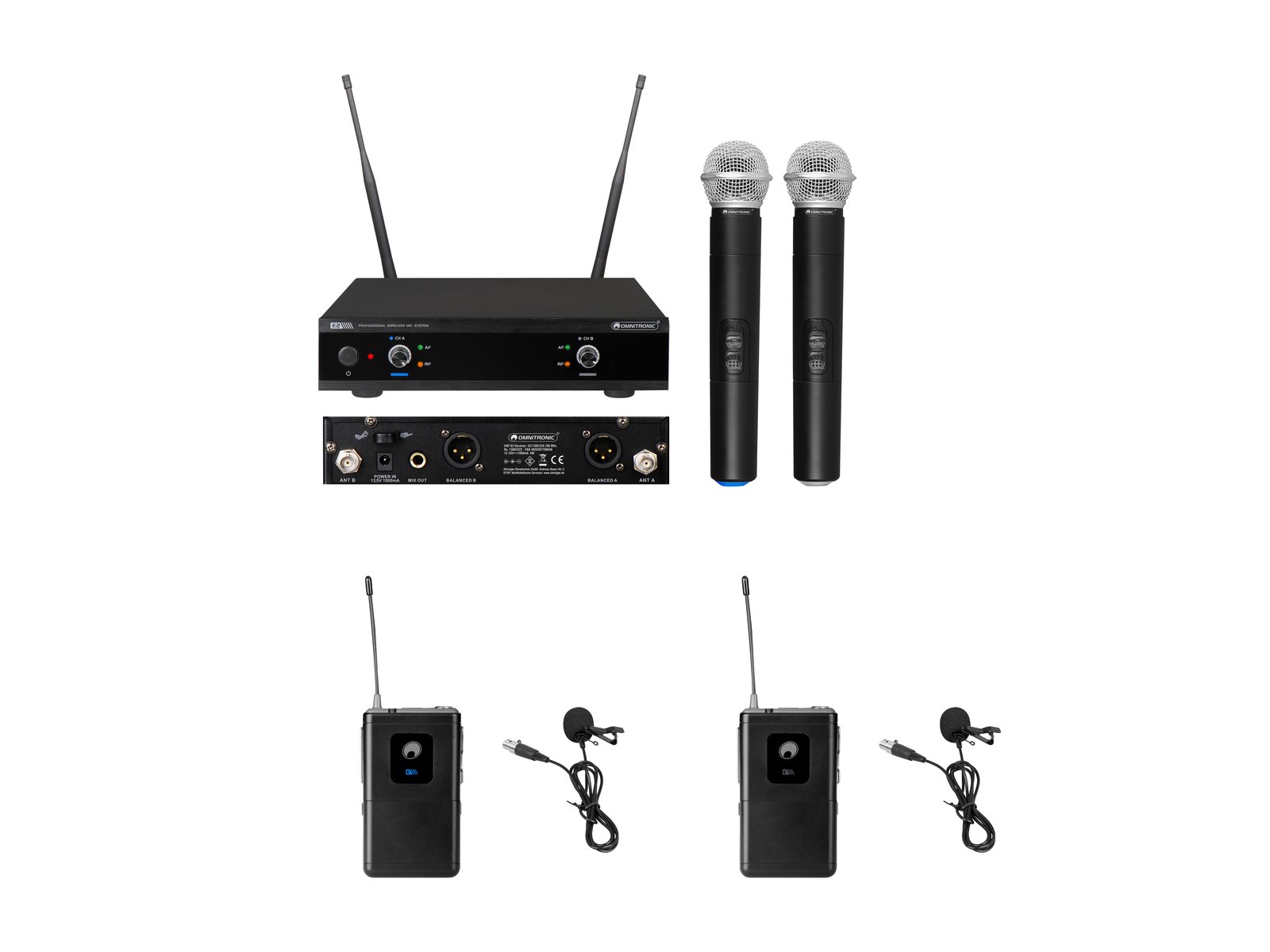OMNITRONIC Set UHF-E2 Wireless Mic System + 2x BP + 2x Lavalier Microphone 527.5/529.7MHz Sistema de microfone sem fios preto com microfones e receptor