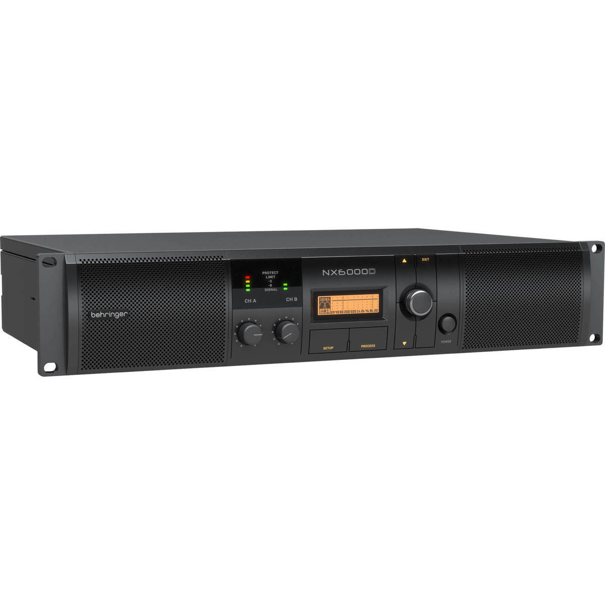 Behringer NX6000D Ultra-Lightweight 6000-Watt Class-D Power Amplifier with DSP Control and SmartSense Loudspeaker Impedance Compensation Amplificador de áudio Behringer NX6000D preto com painel digital e botões de controle