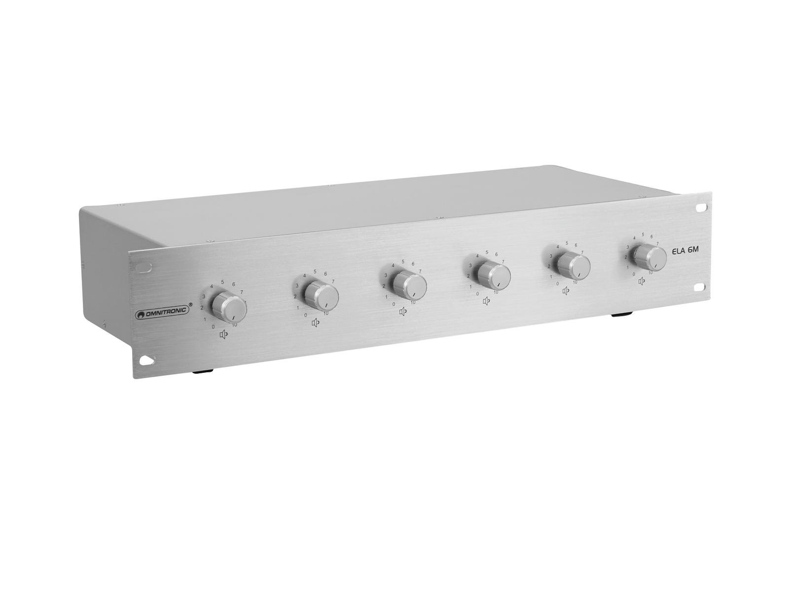 OMNITRONIC PA 6-zone mono vol contr 5W sil Amplificador de áudio cinza com botões e texto no painel frontal