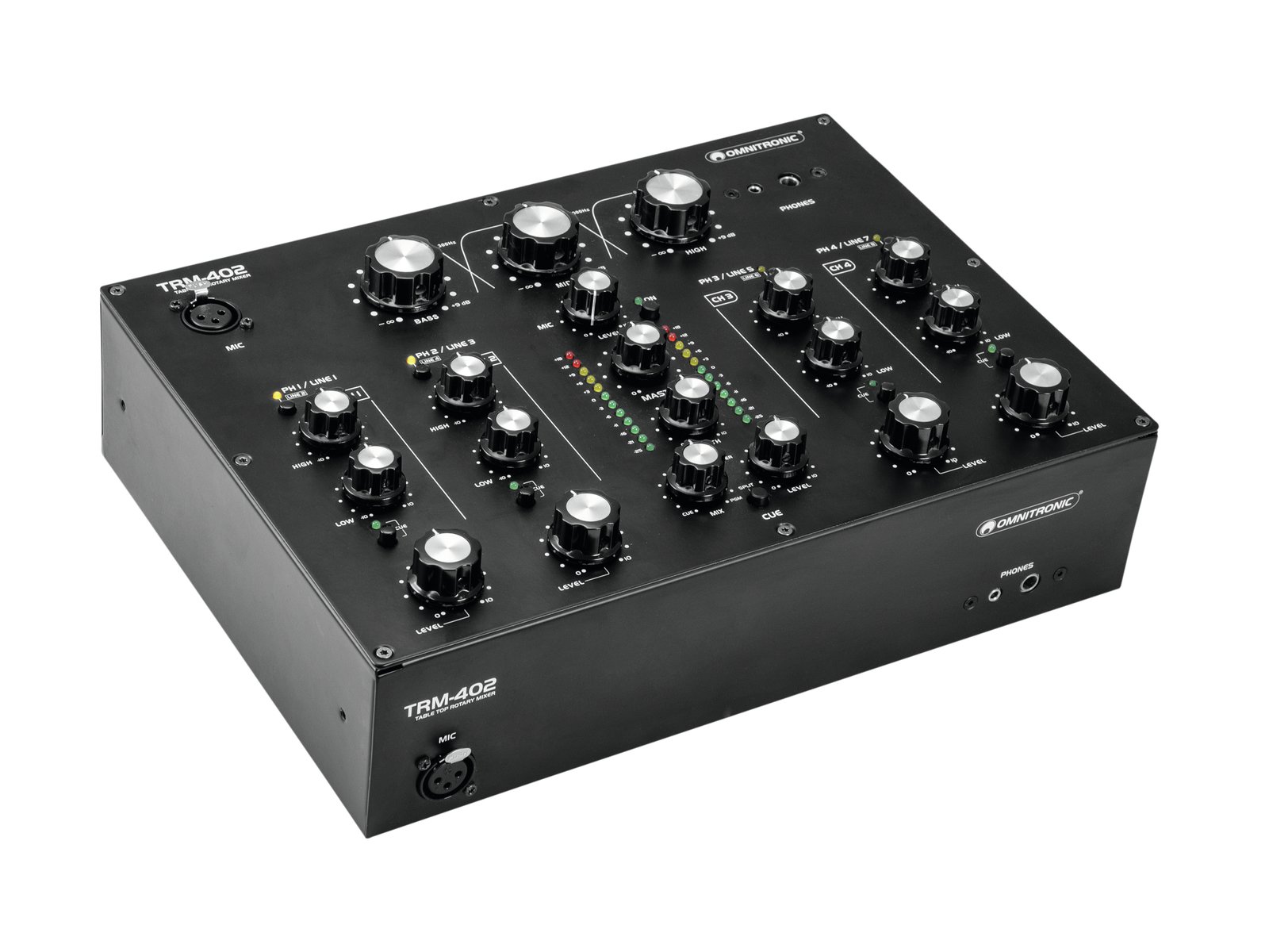 OMNITRONIC TRM-402 4-Channel Rotary Mixer Mesa de mistura de áudio preta com botões e indicadores LED