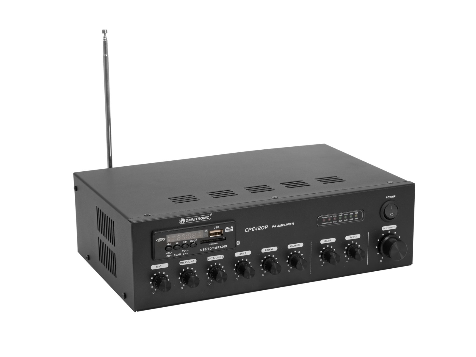 OMNITRONIC CPE-120P PA Mixing Amplifier Amplificador preto com vários botões e antena telescópica