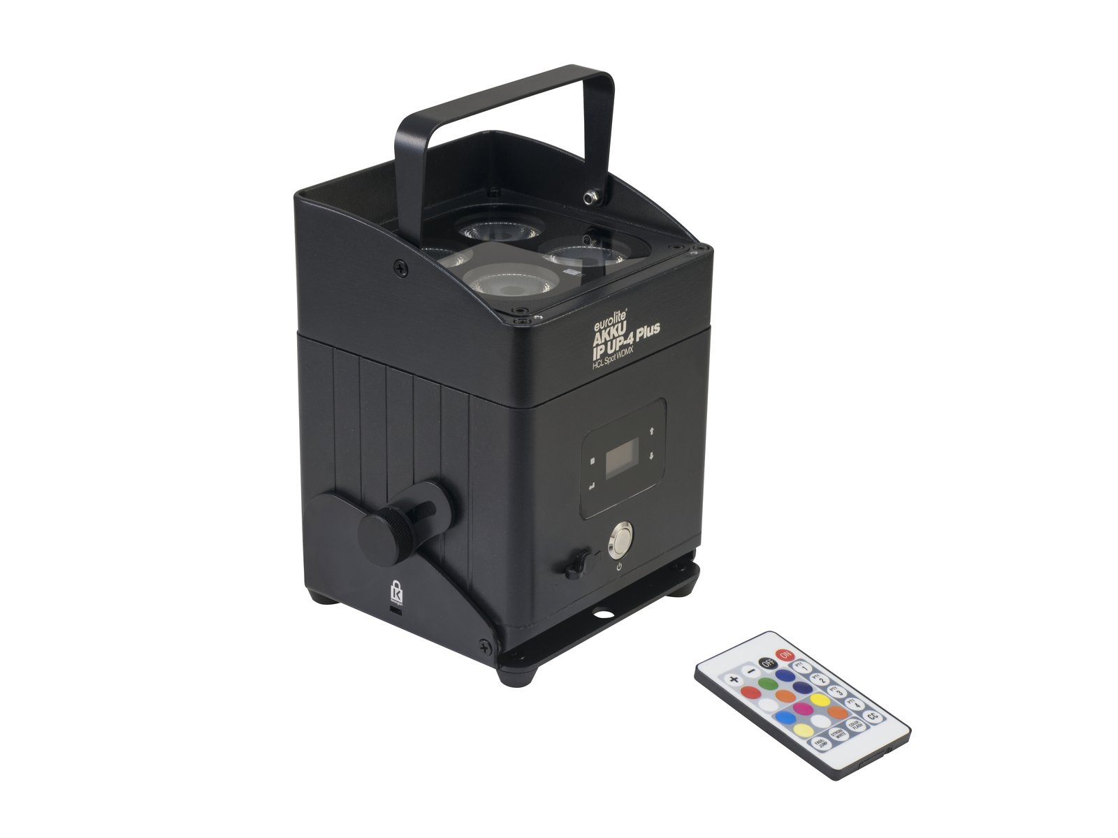 EUROLITE AKKU IP UP-4 Plus HCL Spot WDMX Projetor de luz LED preto com comando remoto colorido.
