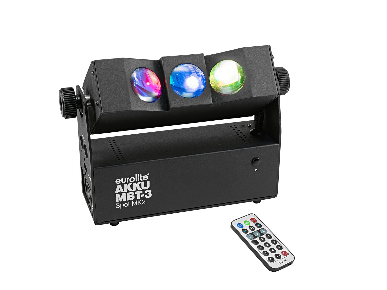 EUROLITE AKKU MBT-3 Spot MK2 Dispositivo de iluminação Eurolite preto com três lentes coloridas e telecomando branco