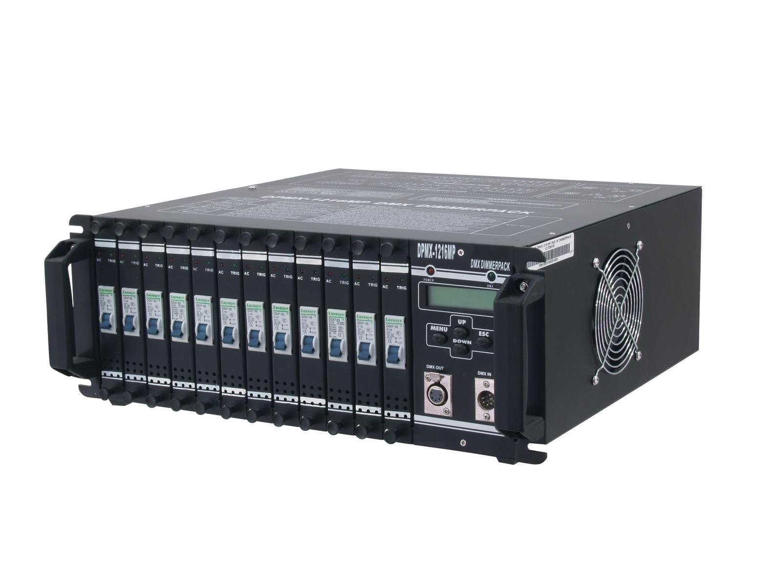 EUROLITE DPMX-1216 MP DMX Dimmer Pack Equipamento electrónico preto com módulos substituíveis e ventoinha lateral
