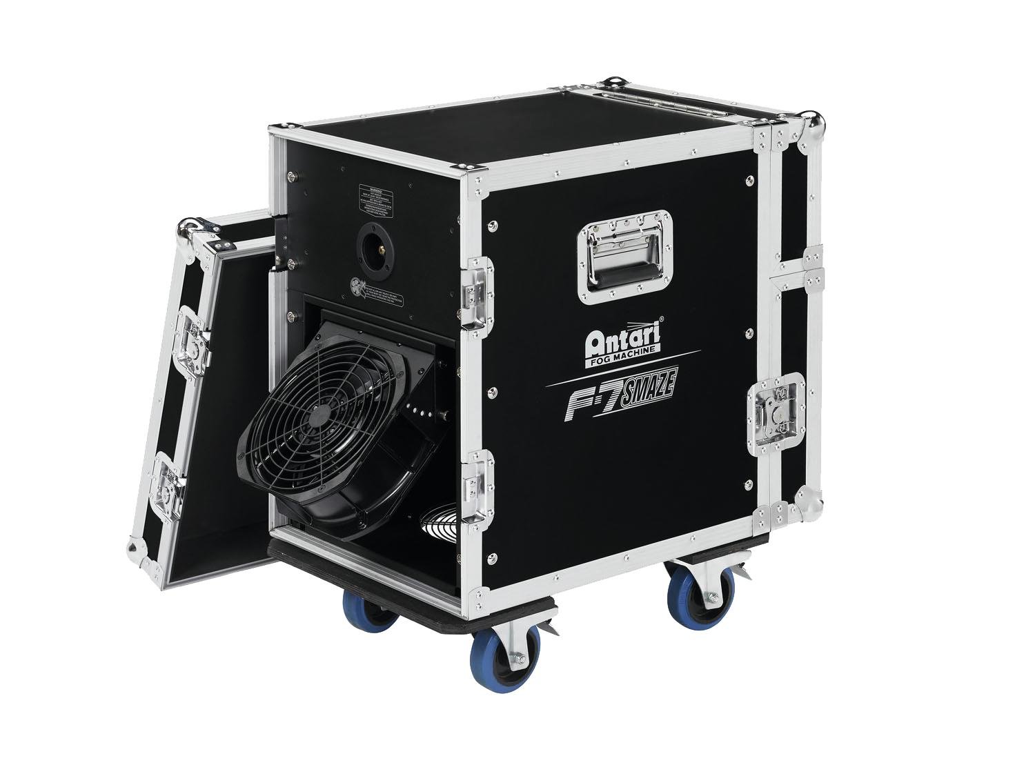 ANTARI F-7 Fazer Equipamento Antari F-7 DMX42 preto com ventilador e estrutura metálica em rodízios