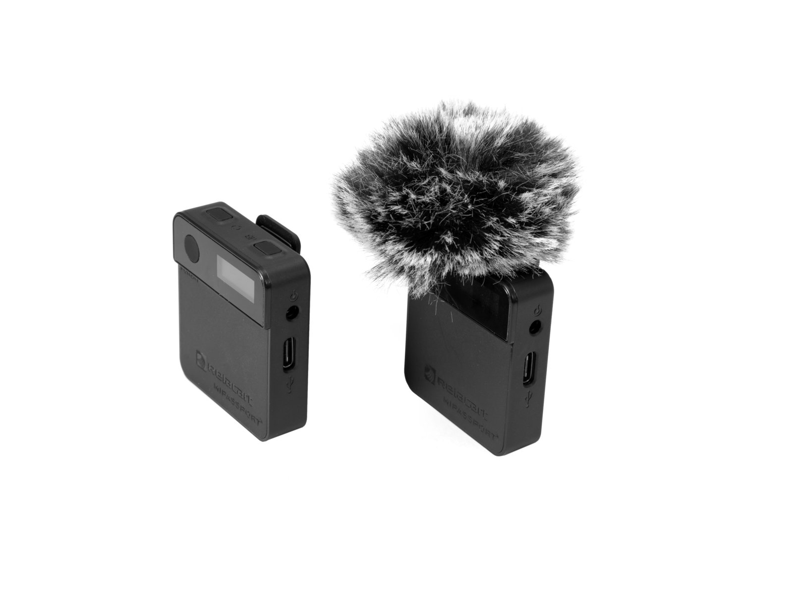 RELACART MIPASSPORT Wireless Cameramount Microphone System Dois microfones portáteis pretos com proteção anti-vento
