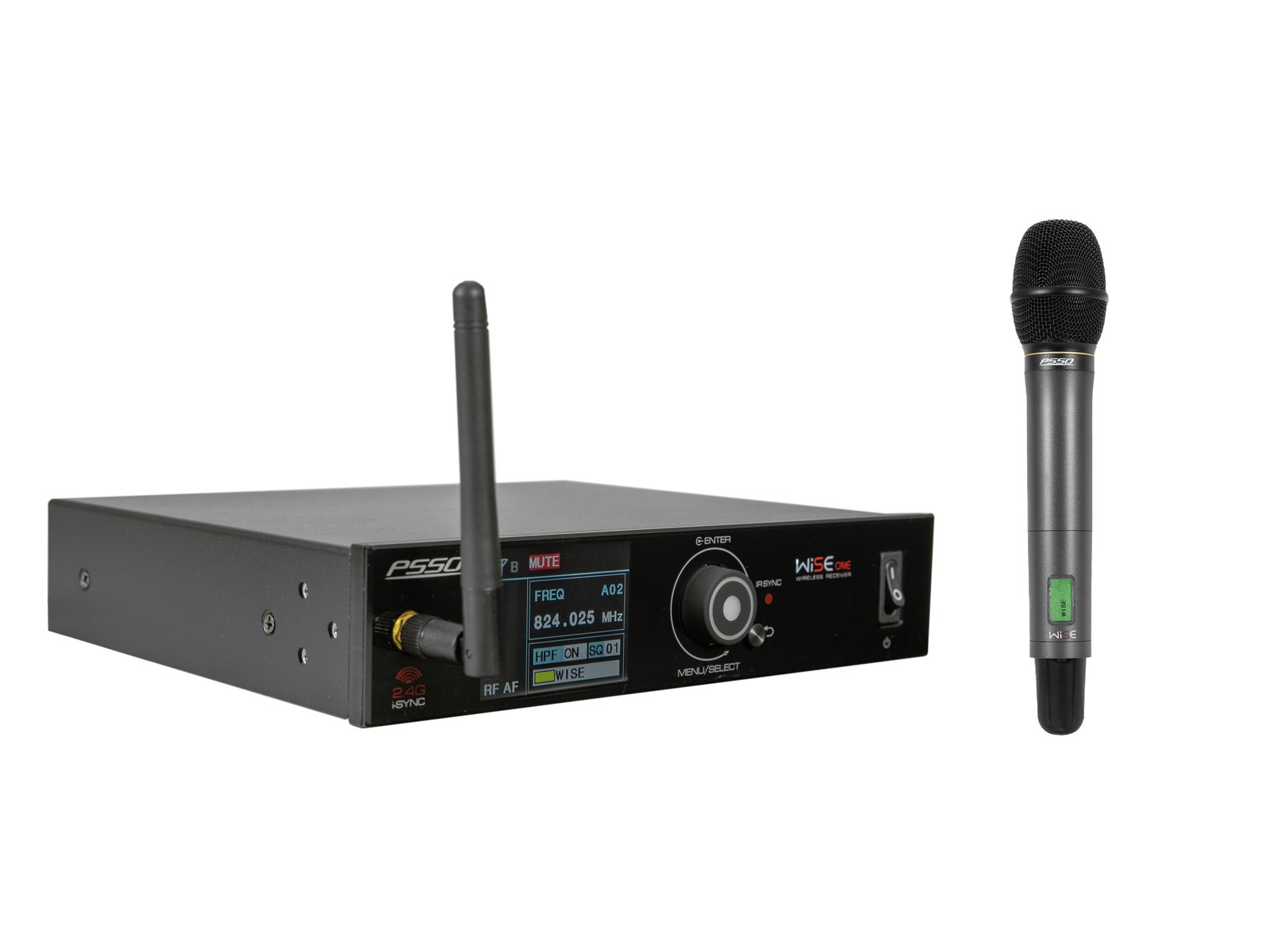 PSSO Set WISE ONE + Con. wireless microphone 823-832/863-865MHz Microfone sem fios preto com receptor preto e ecrã a cores
