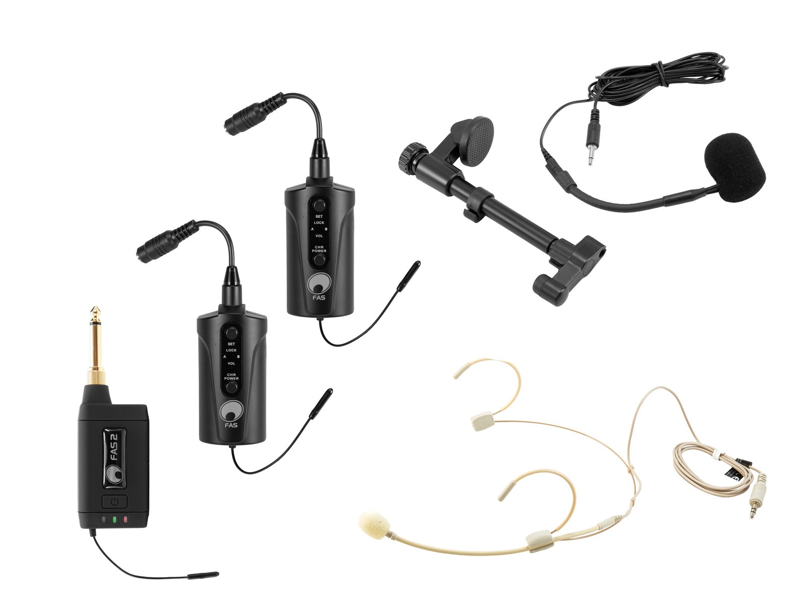OMNITRONIC Set FAS TWO + 2x BP + Headset + Acoustic guitar microphone 660-690MHz Conjunto de microfone sem fios com diversos componentes em fundo branco