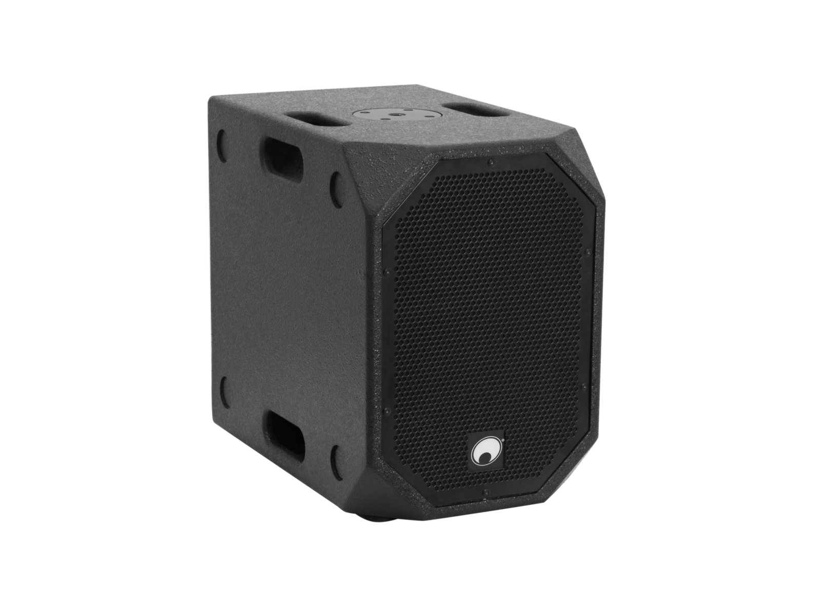 OMNITRONIC BOB-10A Subwoofer active black Coluna de som preta com grelha frontal octogonal