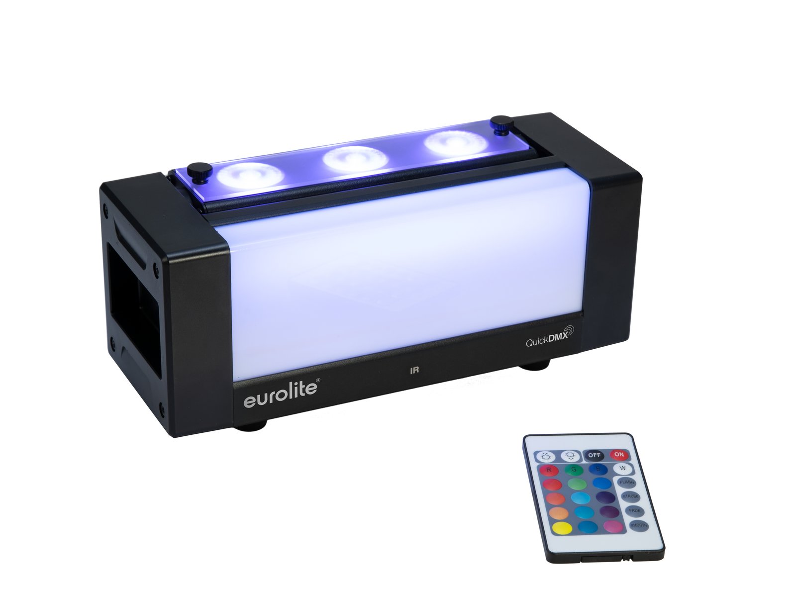 EUROLITE AKKU Bar-3 Glow QCL Flex QuickDMX Dispositivo de iluminação Eurolite Cubo CDM-5 com controlo remoto.