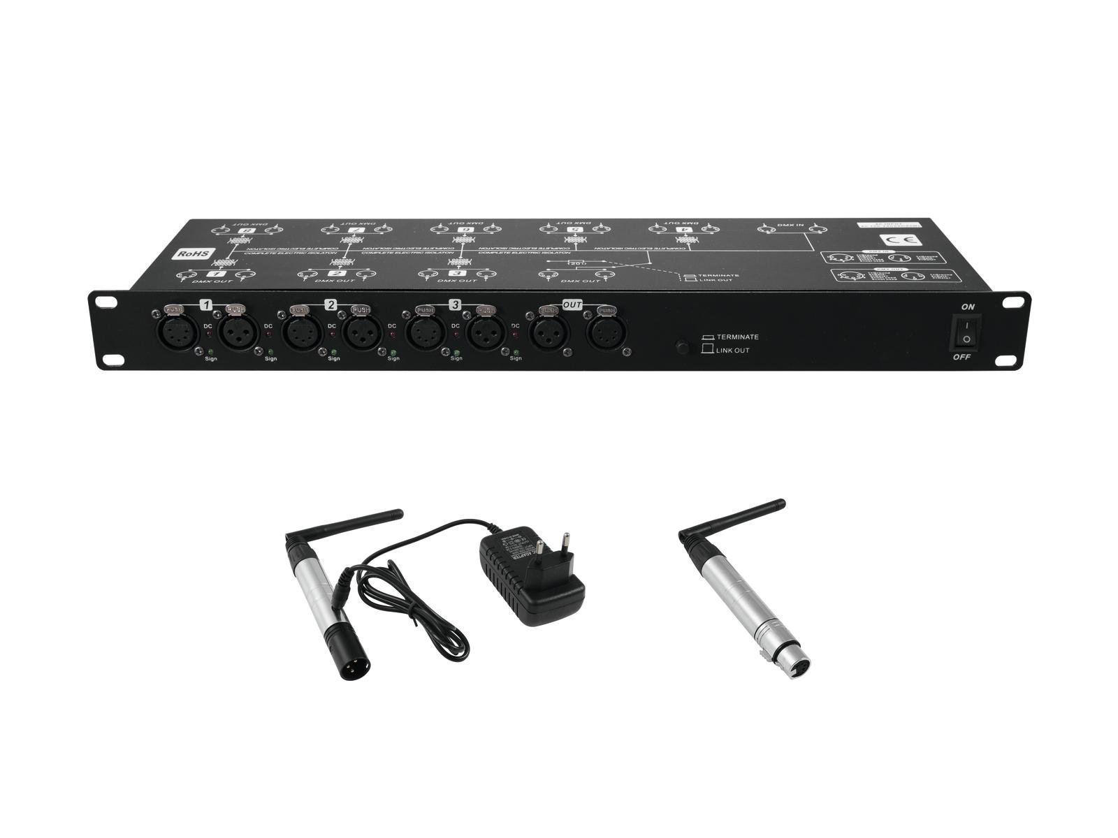 EUROLITE Set DMX Split 8X Splitter + transmitter + receiver Interface de áudio preta Behringer Powerplay P16-M com microfones sem fio prateados e carregador
