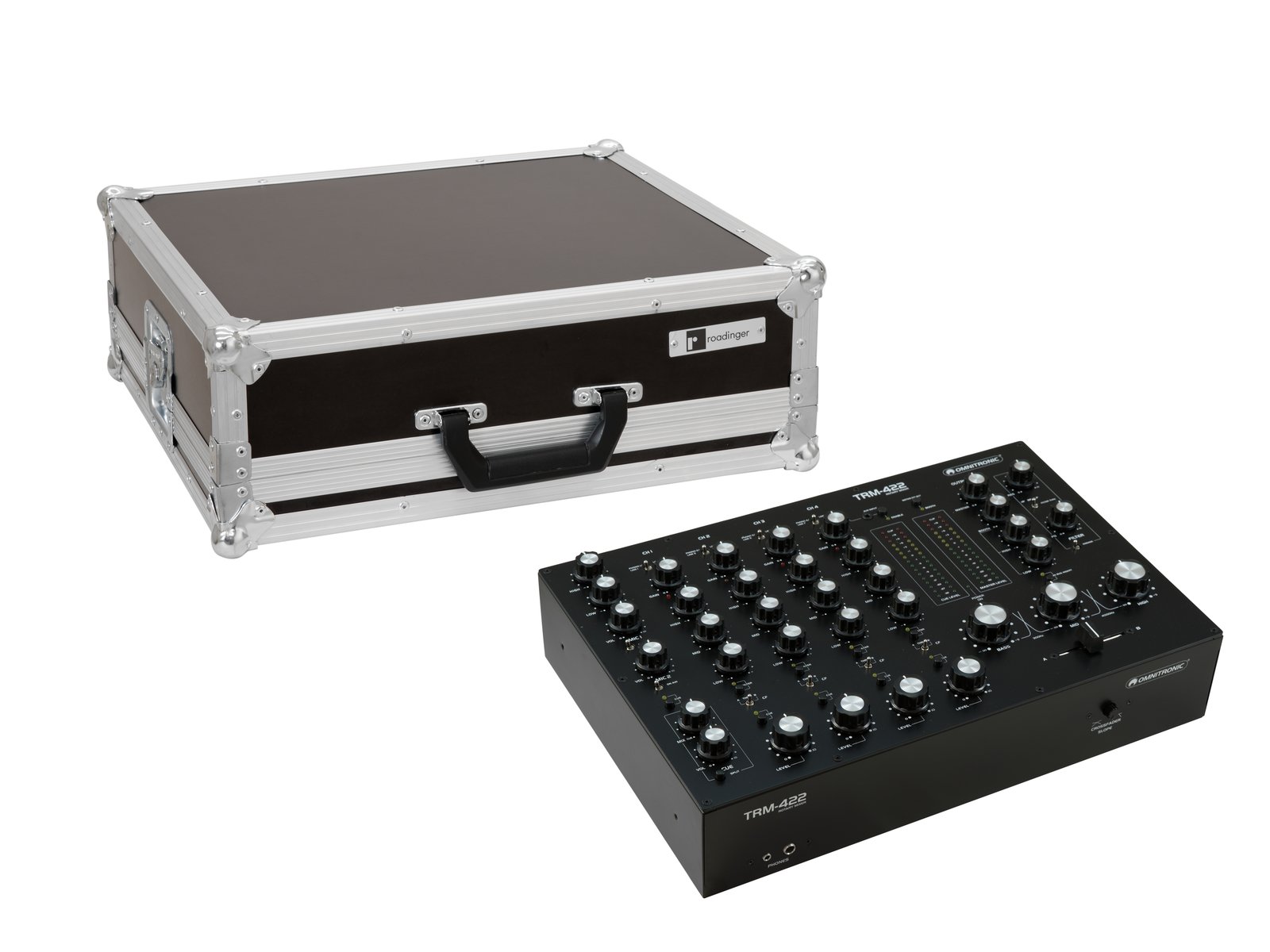 OMNITRONIC Set TRM-422 + Case Mesa de som analógica preta e mala de transporte rígida preta com moldura metálica