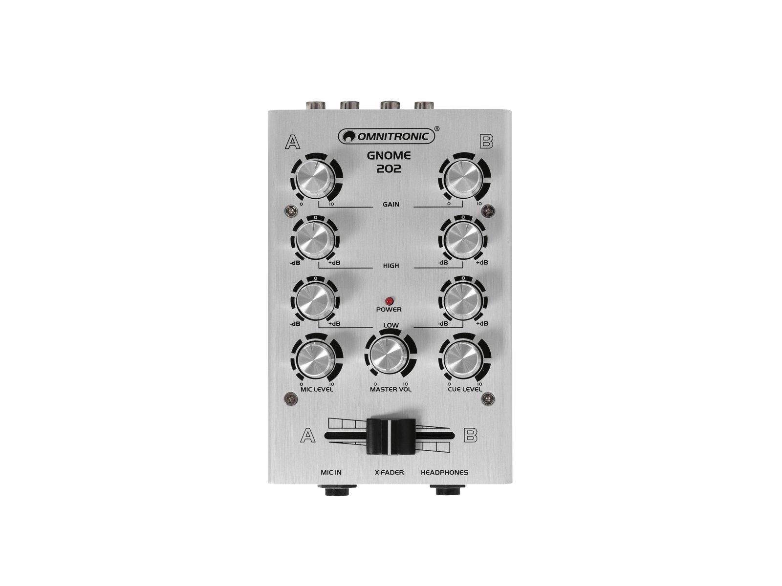 OMNITRONIC GNOME-202 Mini Mixer silver Mesa de mistura Omnitronic Gnome 202 cinzenta com botões pretos e prateados