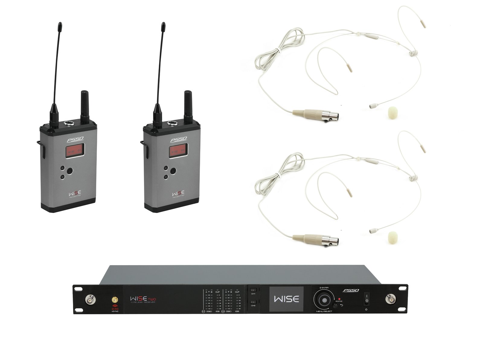 PSSO Set WISE TWO + 2x BP + 2x Headset 823-832/863-865MHz Sistema de microfone sem fios com transmissores, microfones headset e receptor de rack