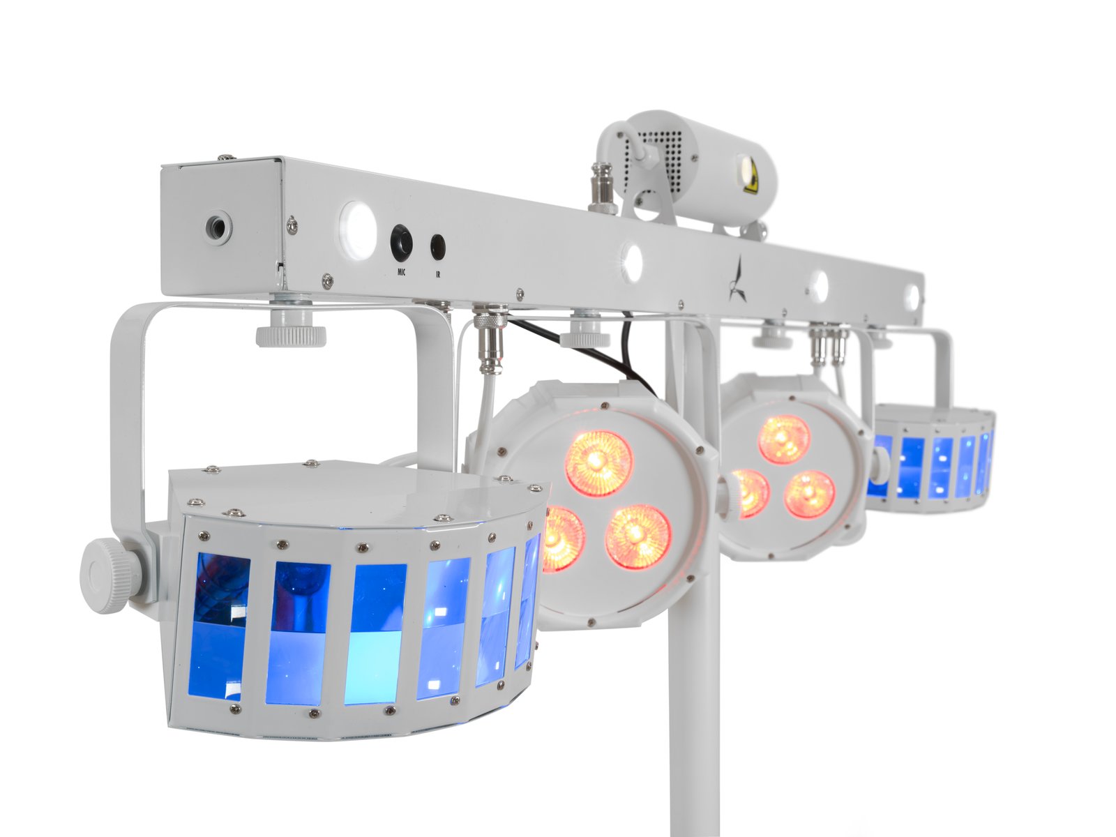 EUROLITE LED KLS Laser Bar FX Light Set wh Luz cirúrgica branca com focos laranja e azul montada em estrutura branca