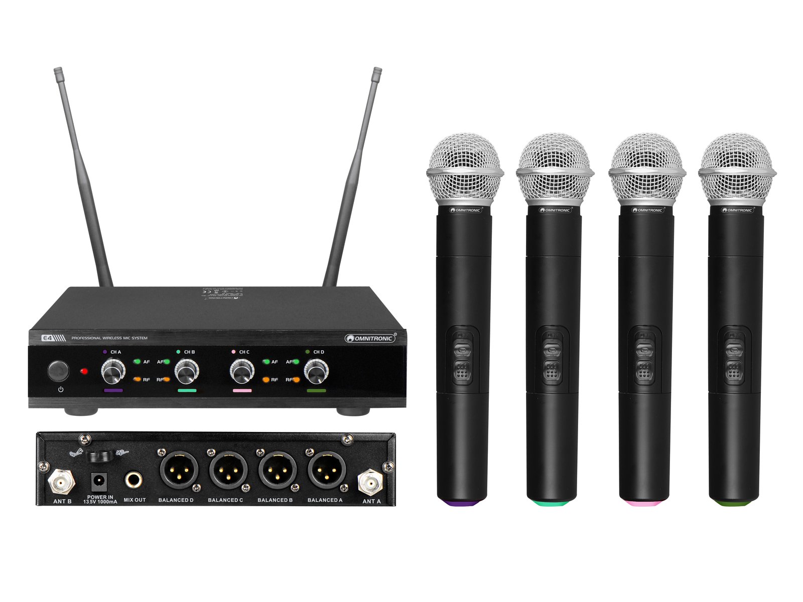 OMNITRONIC UHF-E4 Wireless Mic System 518.7/520.9/523.1/525.3MHz Sistema de microfone sem fios com quatro microfones e unidade recetora