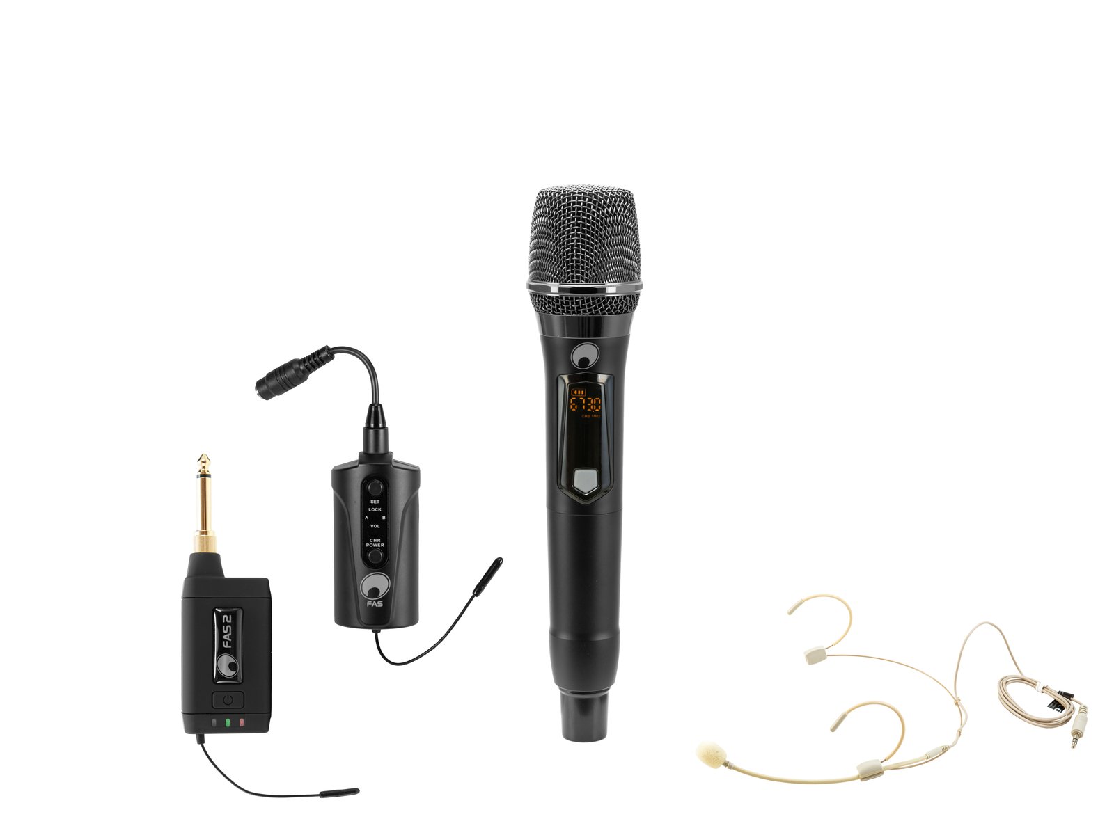 OMNITRONIC Set FAS TWO + Dyn. wireless microphone + BP + Headset 660-690MHz Conjunto de microfones sem fios preto e microfone de cabeça cor pele sobre fundo branco