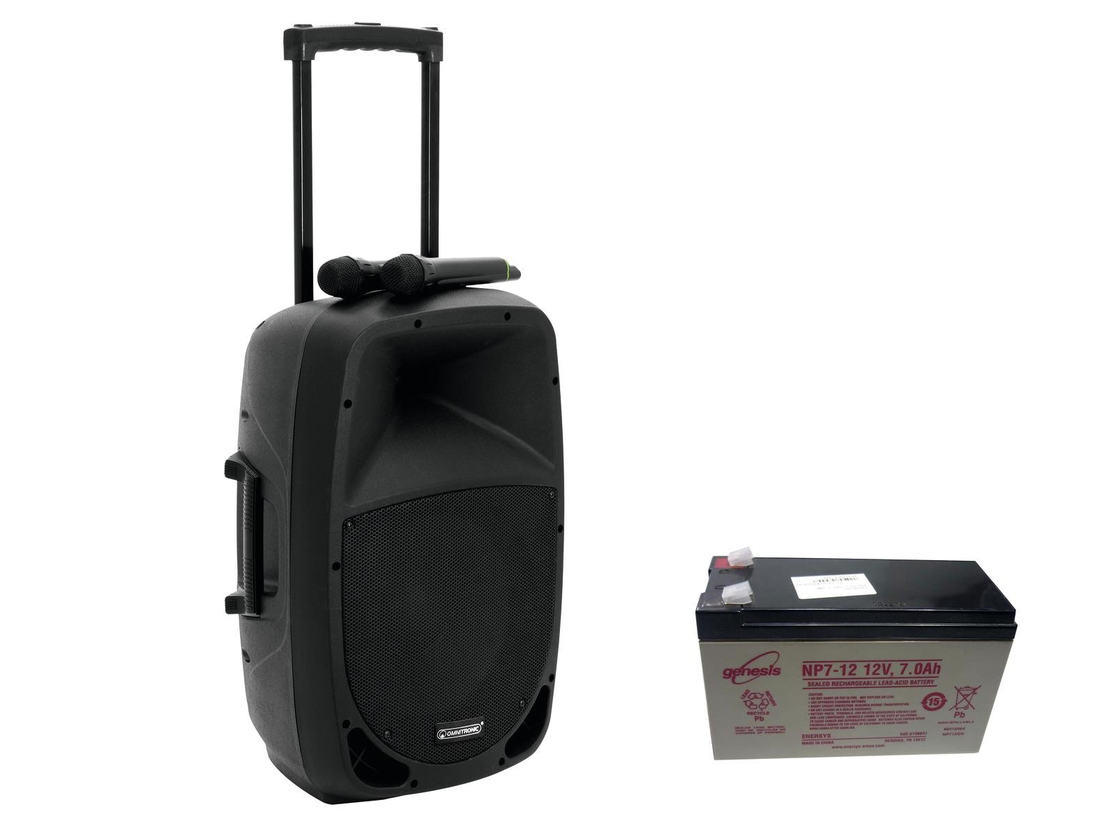 OMNITRONIC Set MES-12BT2 + battery Coluna de som preta portátil com bateria cinzenta ao lado