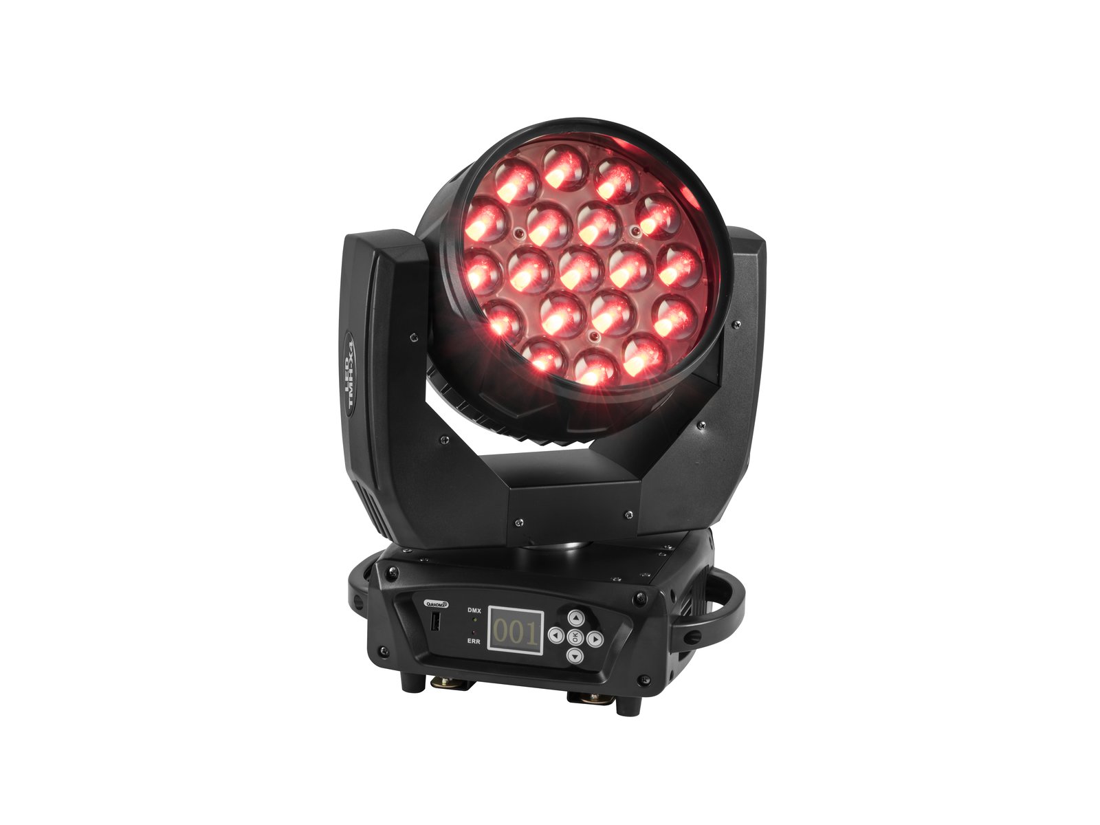 EUROLITE LED TMH-X4 Moving Head Wash Zoom Luz de palco móvel preta com LEDs vermelhos e painel de controlo