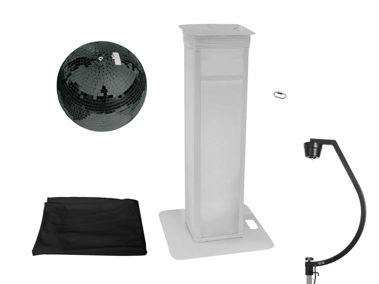 EUROLITE Set Mirror ball 50cm black with Stage Stand variable + Cover black Conjunto de bola de discoteca preta, estrutura branca, tecido preto e suporte preto num fundo branco.