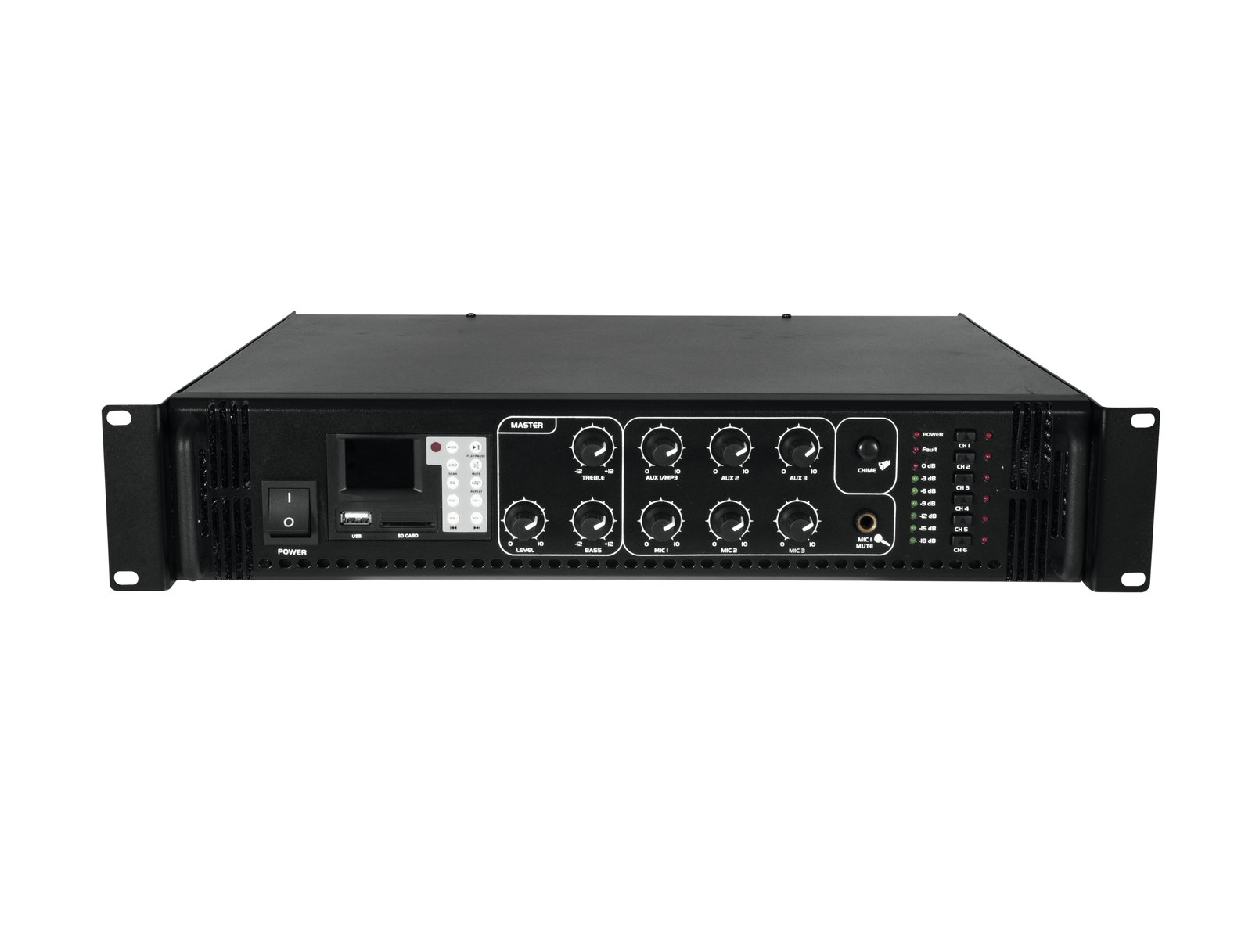 OMNITRONIC MPZ-650.6P PA Mixing Amplifier Amplificador áudio preto em rack com botões e mostrador digital
