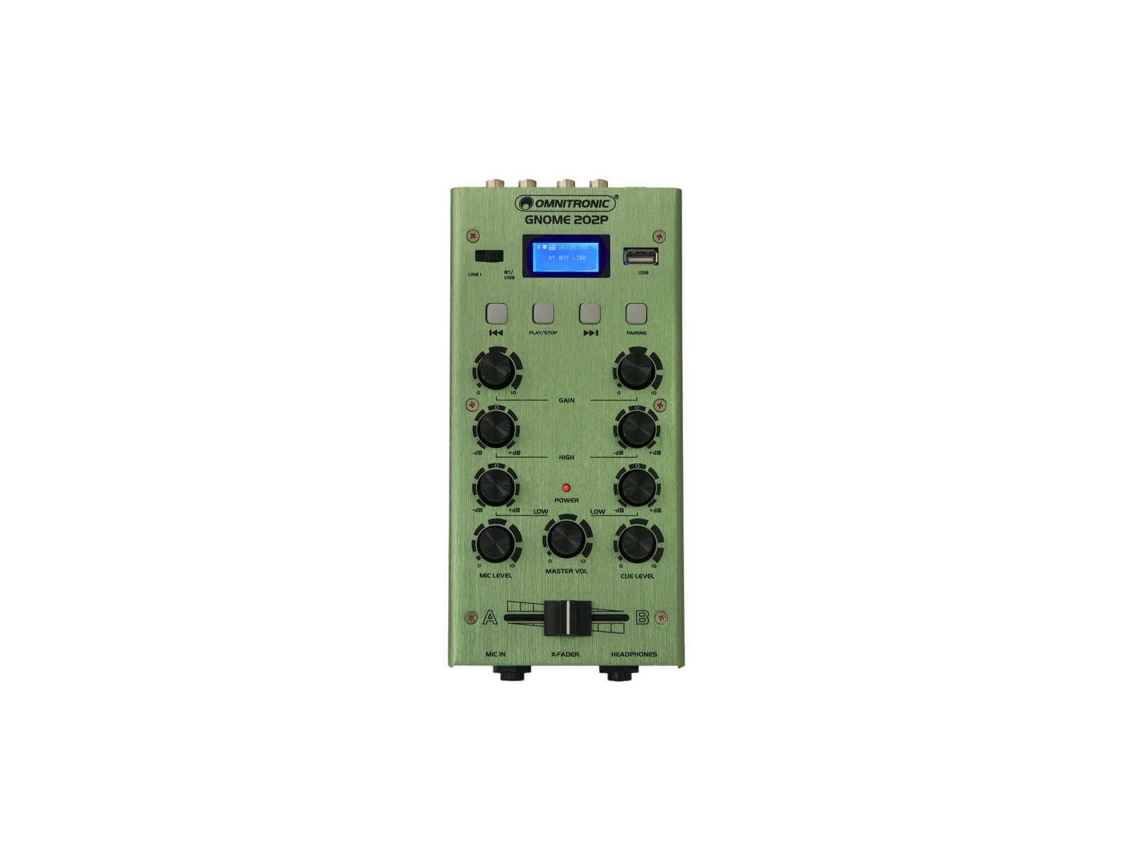 OMNITRONIC GNOME-202P Mini Mixer green Mesa de mistura eletrónica verde clara com botões pretos e ecrã digital azul