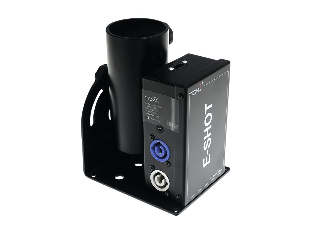 TCM FX E-Shot Dispositivo eletrónico preto com suporte cilíndrico e caixa retangular 'E-SHOT' da TDK