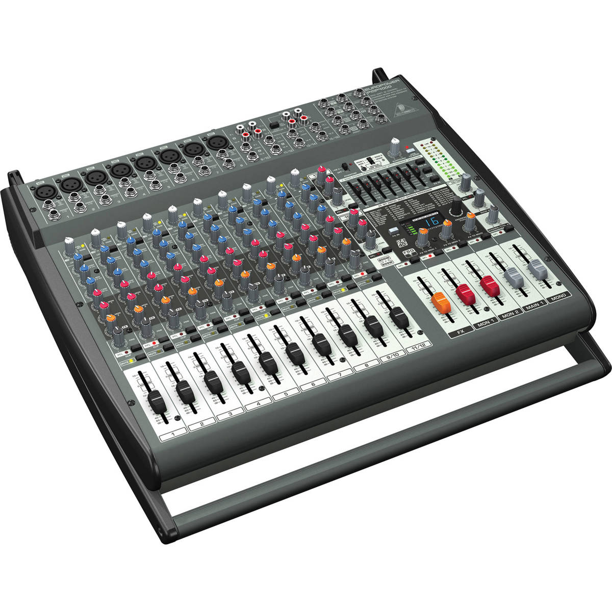 Behringer Europower PMP4000 1600-Watt 16-Channel Powered Mixer with Multi-FX Processor and FBQ Feedback Detection System Mesa de mistura de áudio profissional cinzenta com vários botões coloridos e faders