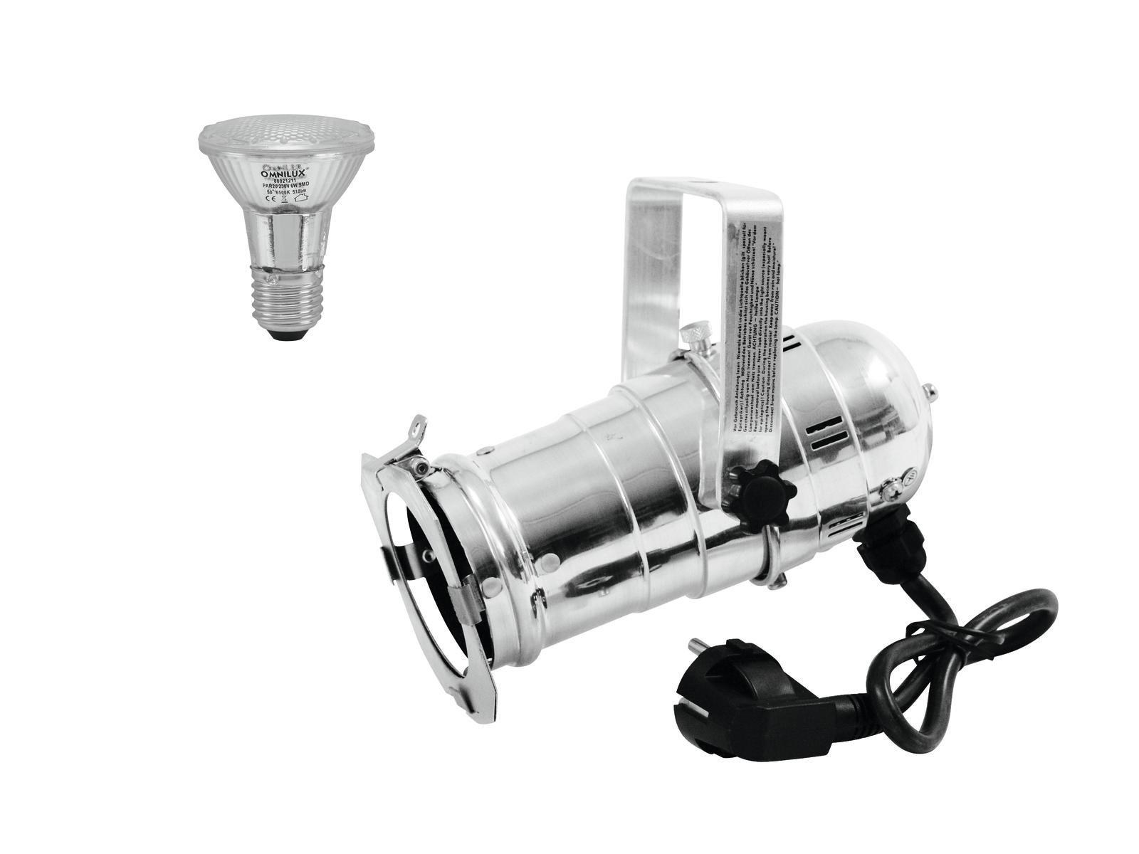 EUROLITE Set PAR-20 Spot sil + PAR-20 230V SMD 6W E-27 LED 6500K Projetor de luz metálico com lâmpada halógena