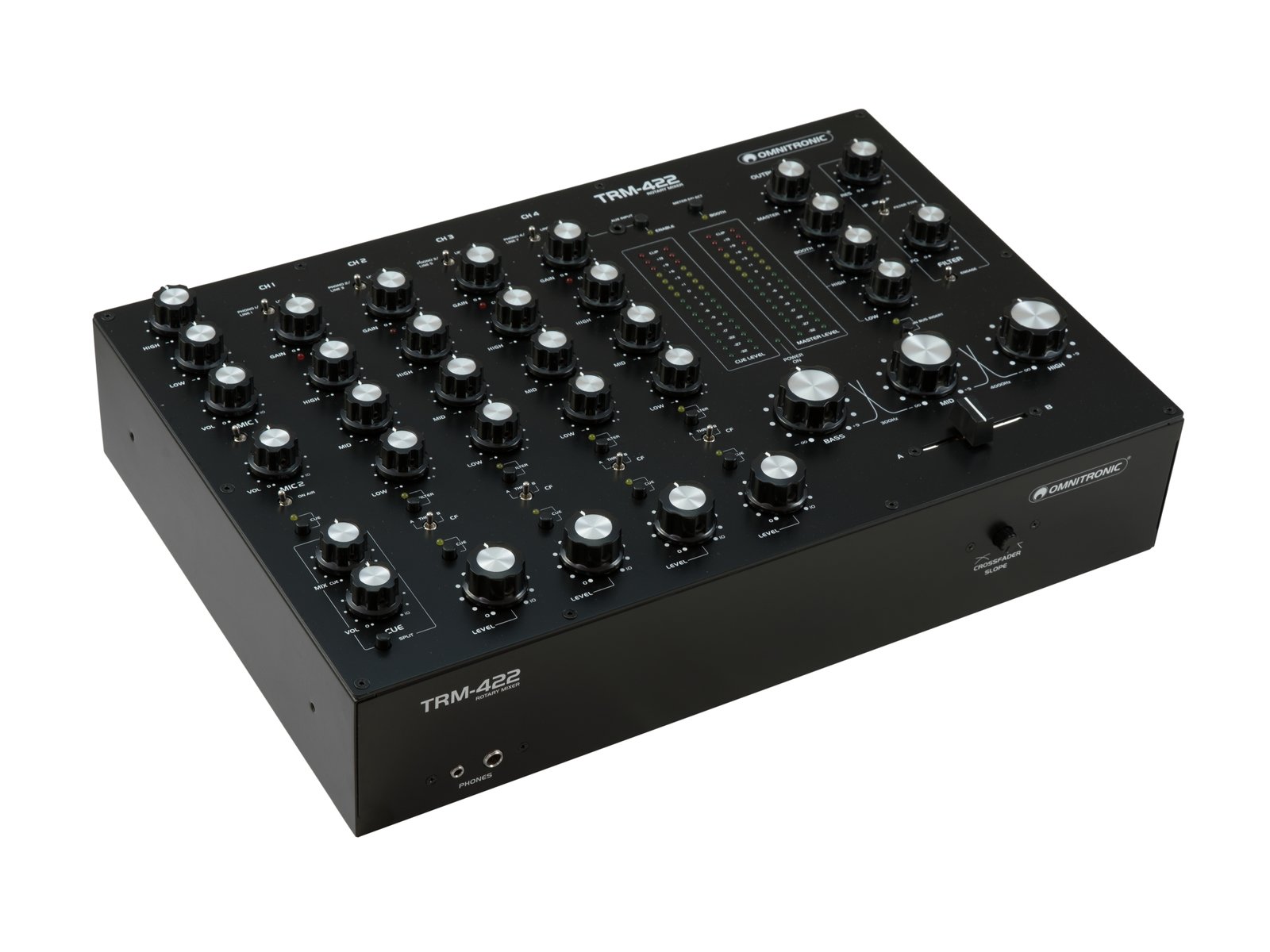 OMNITRONIC TRM-422 4-Channel Rotary Mixer Mixer de DJ preto com botões e potenciômetros prateados