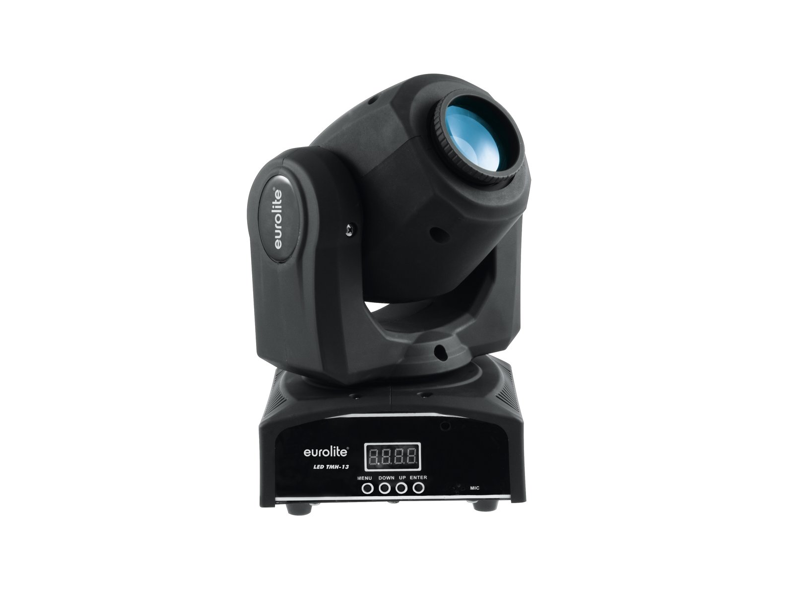 EUROLITE LED TMH-13 Moving Head Spot Cabeça móvel para iluminação profissional preta com lente azul sobre base preta