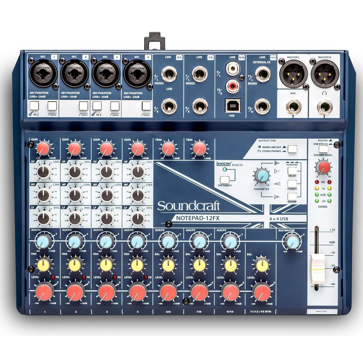 Soundcraft Notepad-12FX Small-Format Analog Mixing Console with USB I/O and Lexicon Effects Mesa de mistura Soundcraft NOTEPAD-12FX azul com botões coloridos e várias entradas