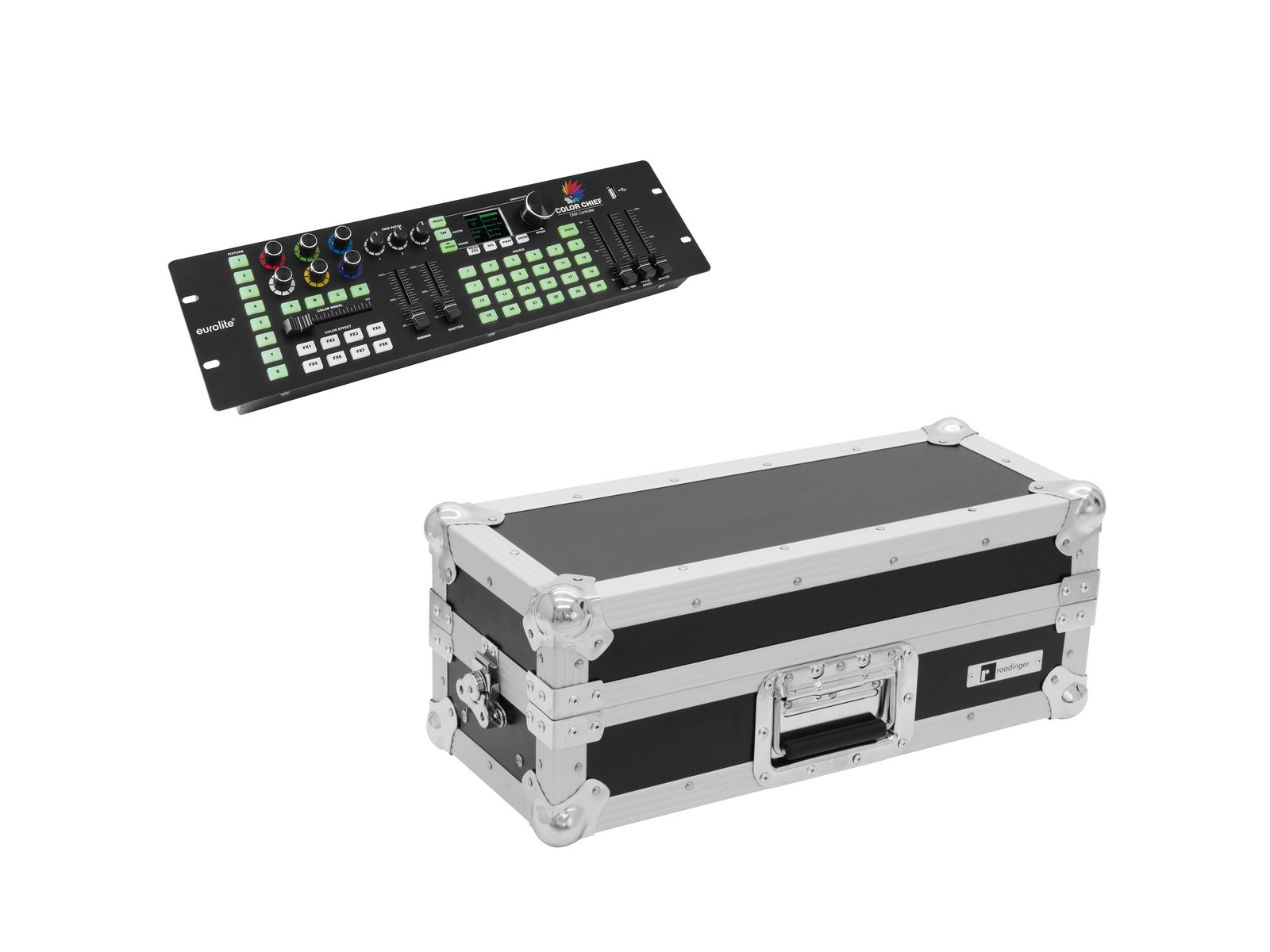 EUROLITE Set DMX LED Color Chief + Case Mesa de mistura de som profissional preta com controlos verdes ao lado de caixa de transporte preta e prateada