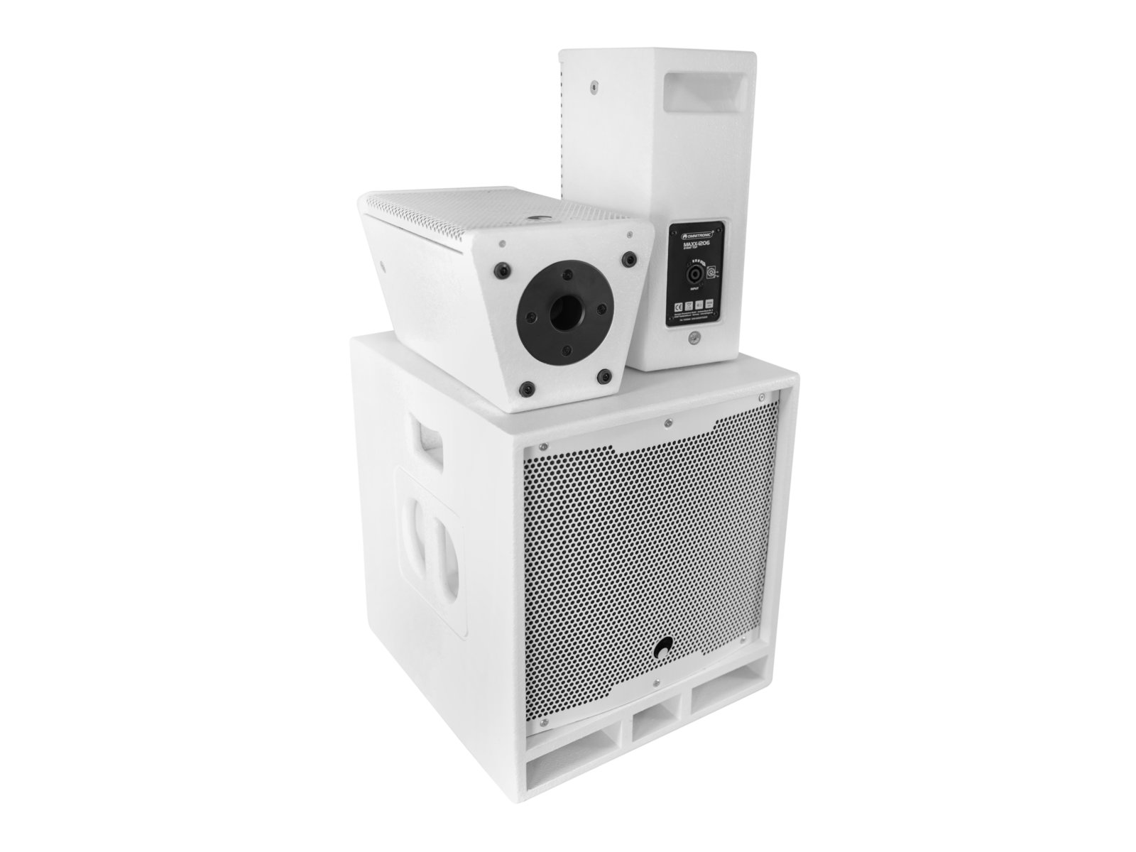 OMNITRONIC MAXX-1206DSP 2.1 Active System white Conjunto branco de colunas de som profissionais com grade metálica e painel com botões