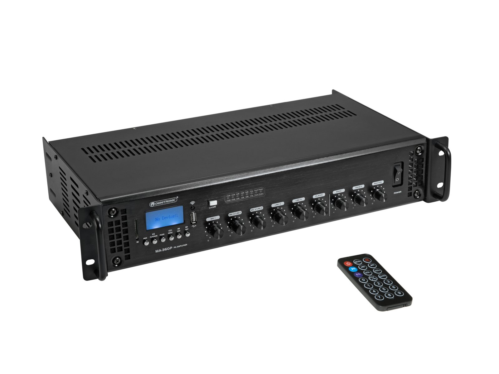 OMNITRONIC MA-360P PA Mixing Amplifier Amplificador de áudio preto com controlo e comando remoto