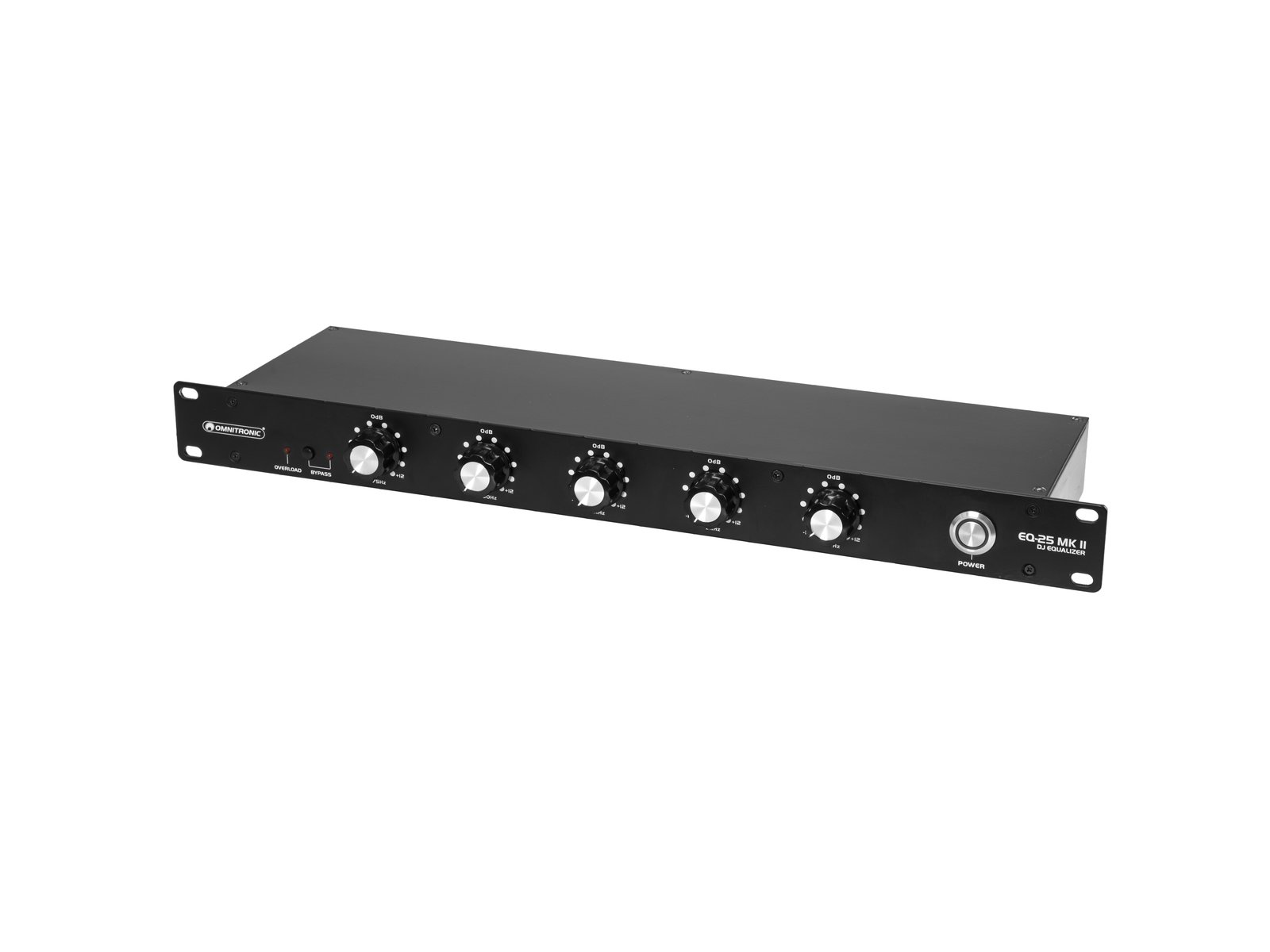 OMNITRONIC EQ-25 MK2 DJ Equalizer Equipamento áudio preto com cinco botões e ficha para fone na frente