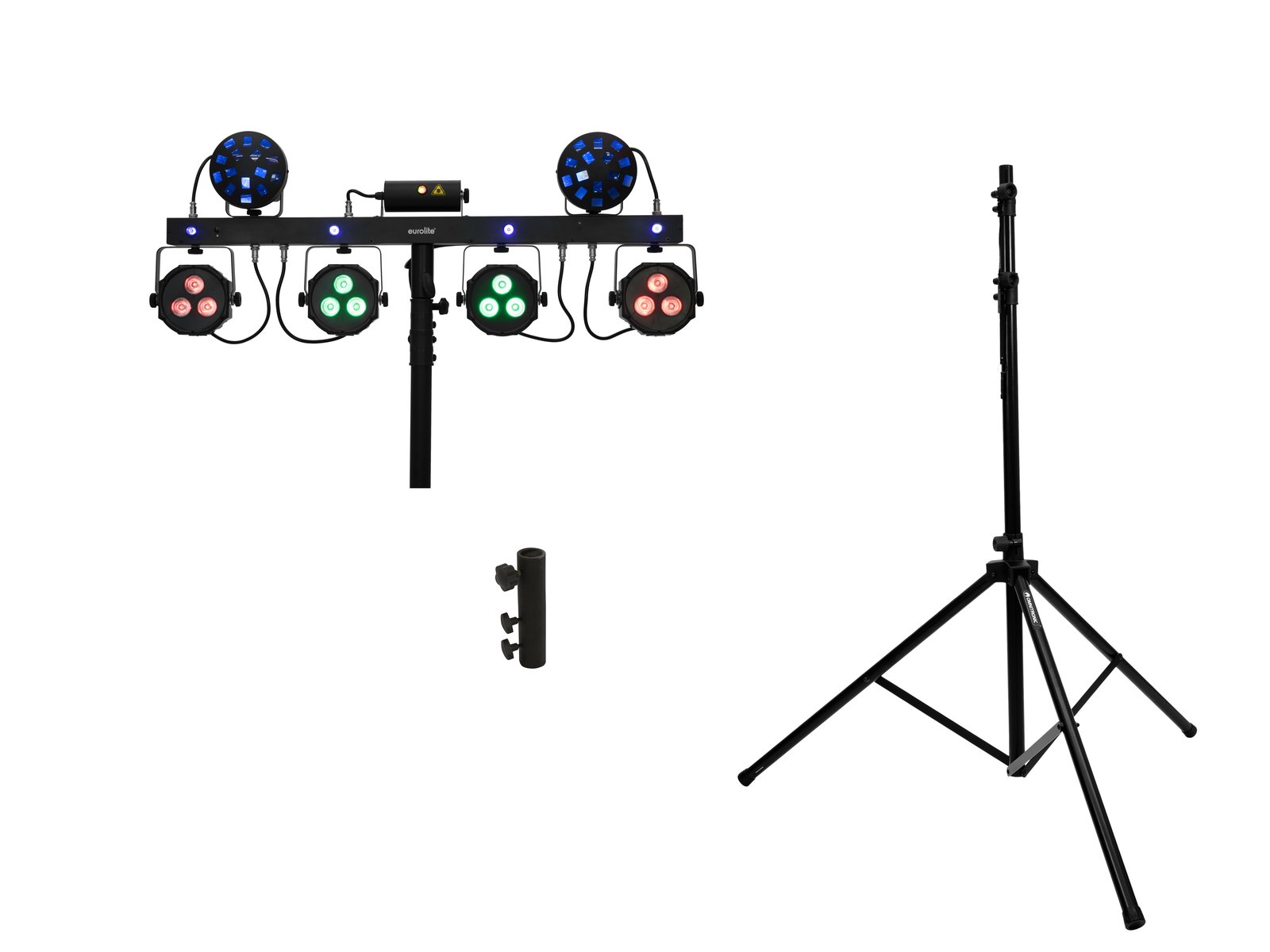 EUROLITE Set LED KLS Laser Bar Next FX Light Set + M-4 Speaker-System Stand Sistema de iluminação com seis luzes coloridas e tripé preto sobre fundo branco