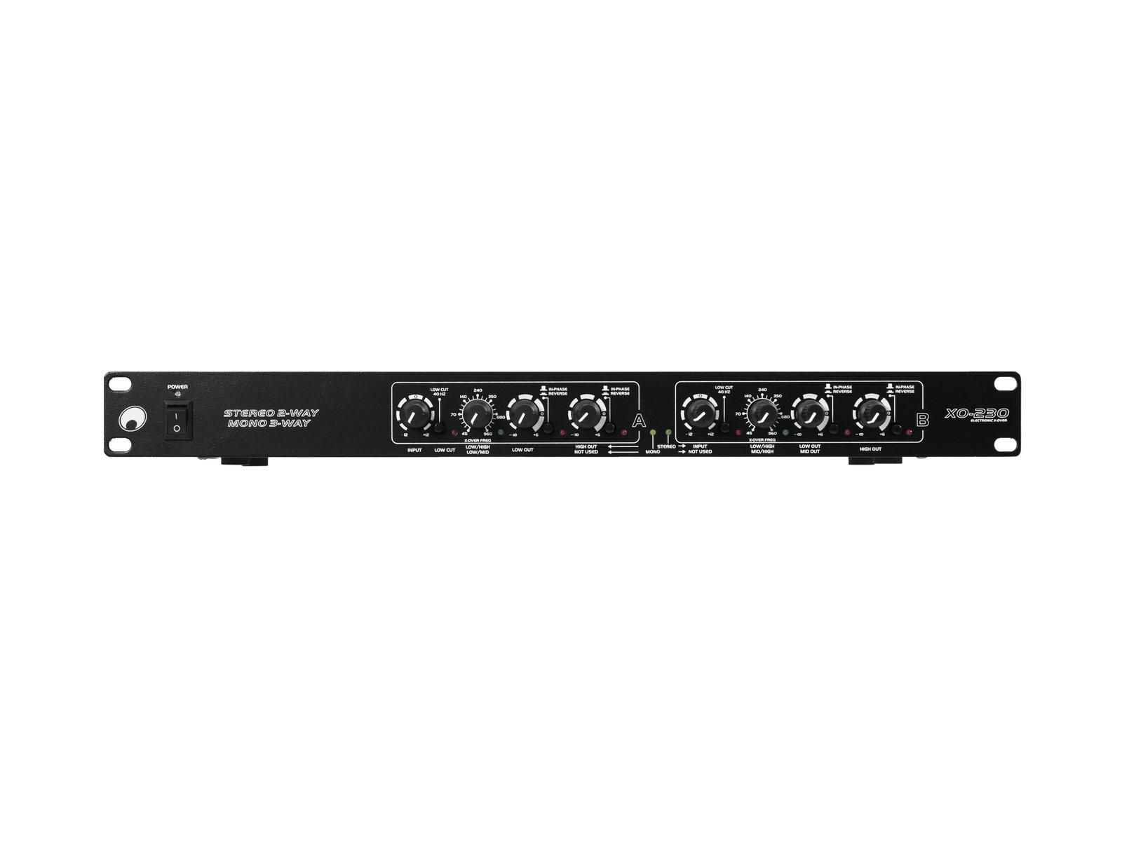OMNITRONIC XO-230 Active Crossover Equipamento de áudio preto com botões e texto 'STEREO SMART AUDIO SELECT'