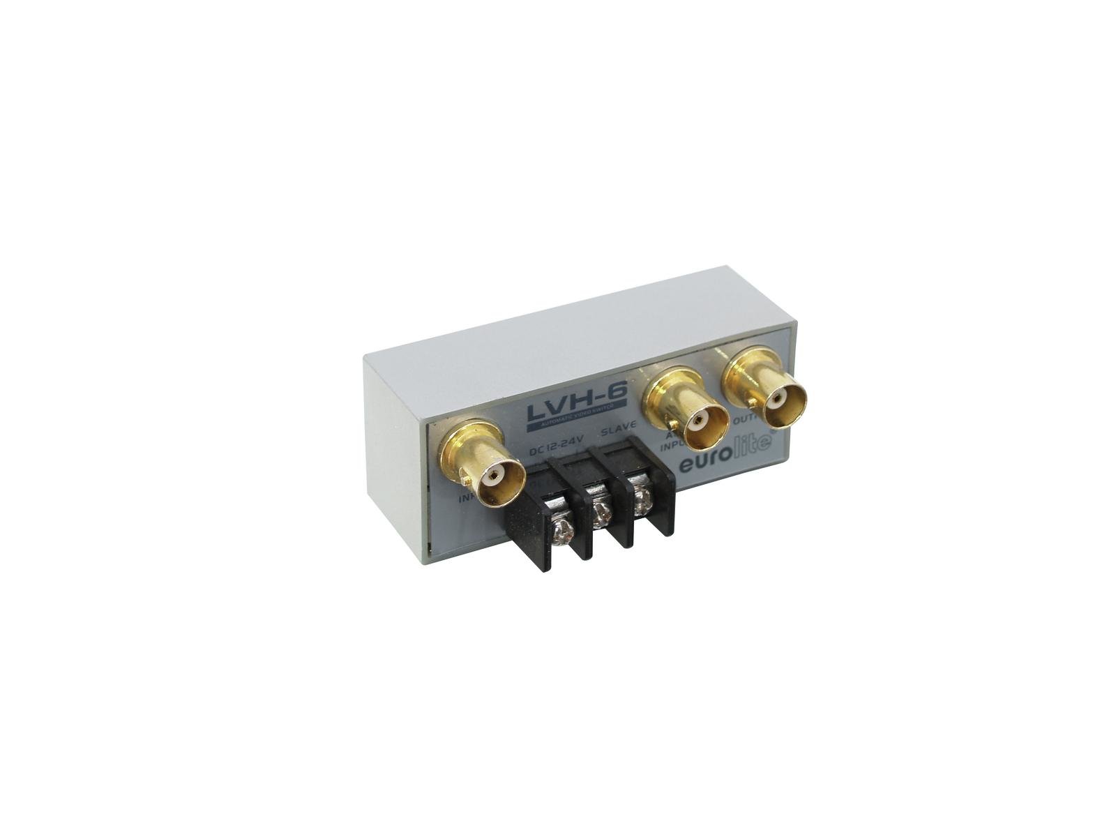 EUROLITE LVH-6 Automatic video switch Conector metálico cinza com três conectores dourados e inscrição LVH-8 euro