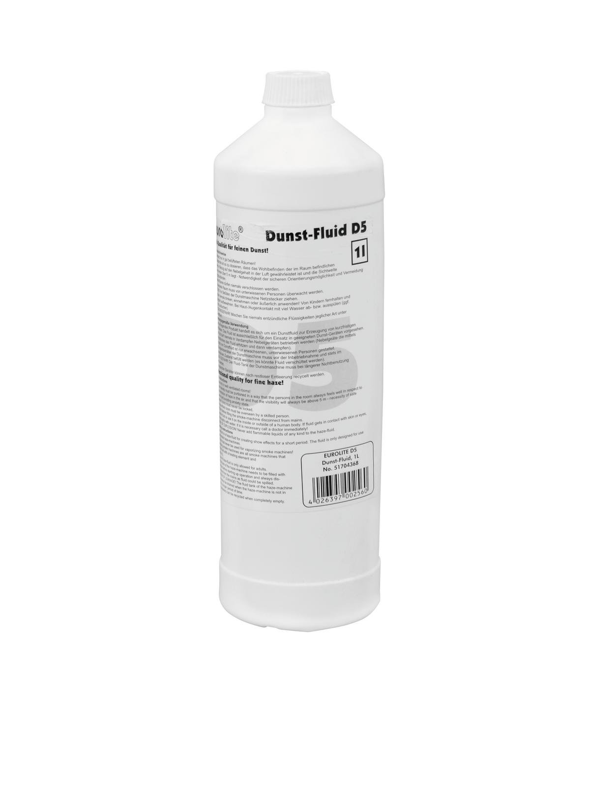 EUROLITE D-5 Hazer Fluid 1 Liters Frasco branco de plástico com etiqueta branca e texto preto Dunst-Fluid D5.
