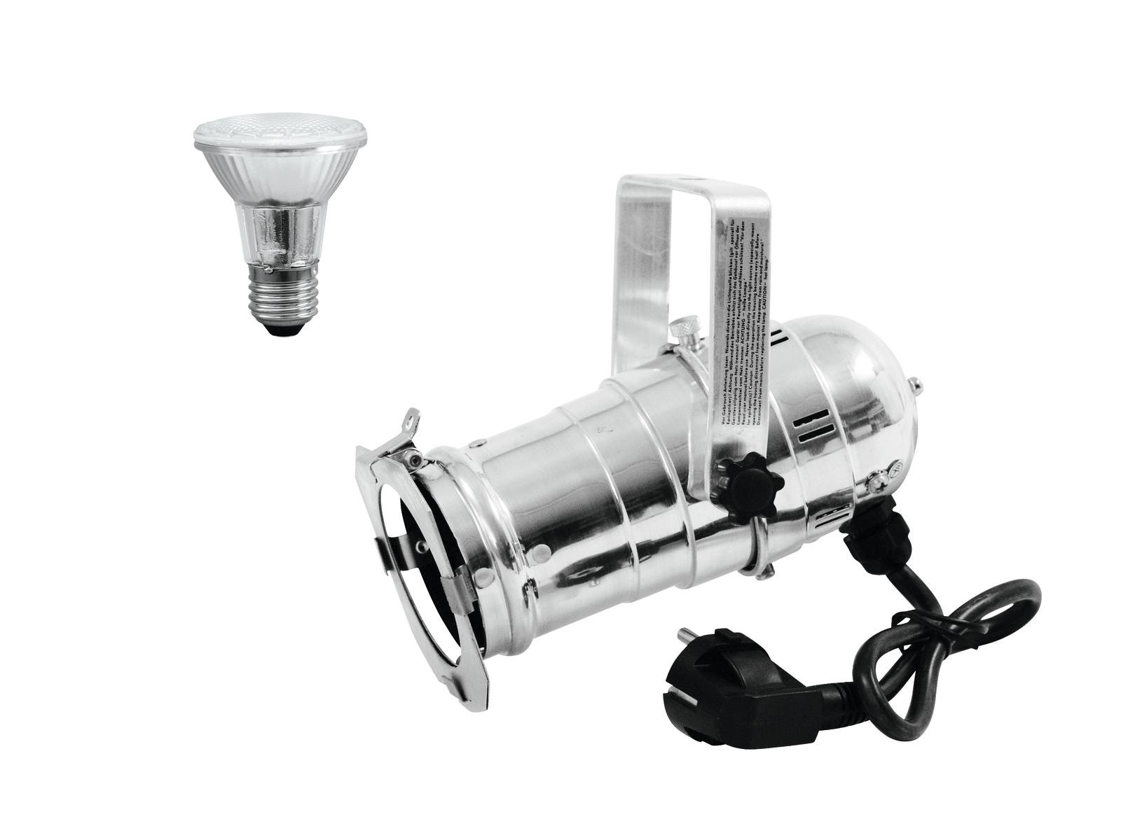 EUROLITE Set PAR-20 Spot sil + PAR-20 230V SMD 6W E-27 LED 3000K Luz de palco metálica prateada com lâmpada halógena separada