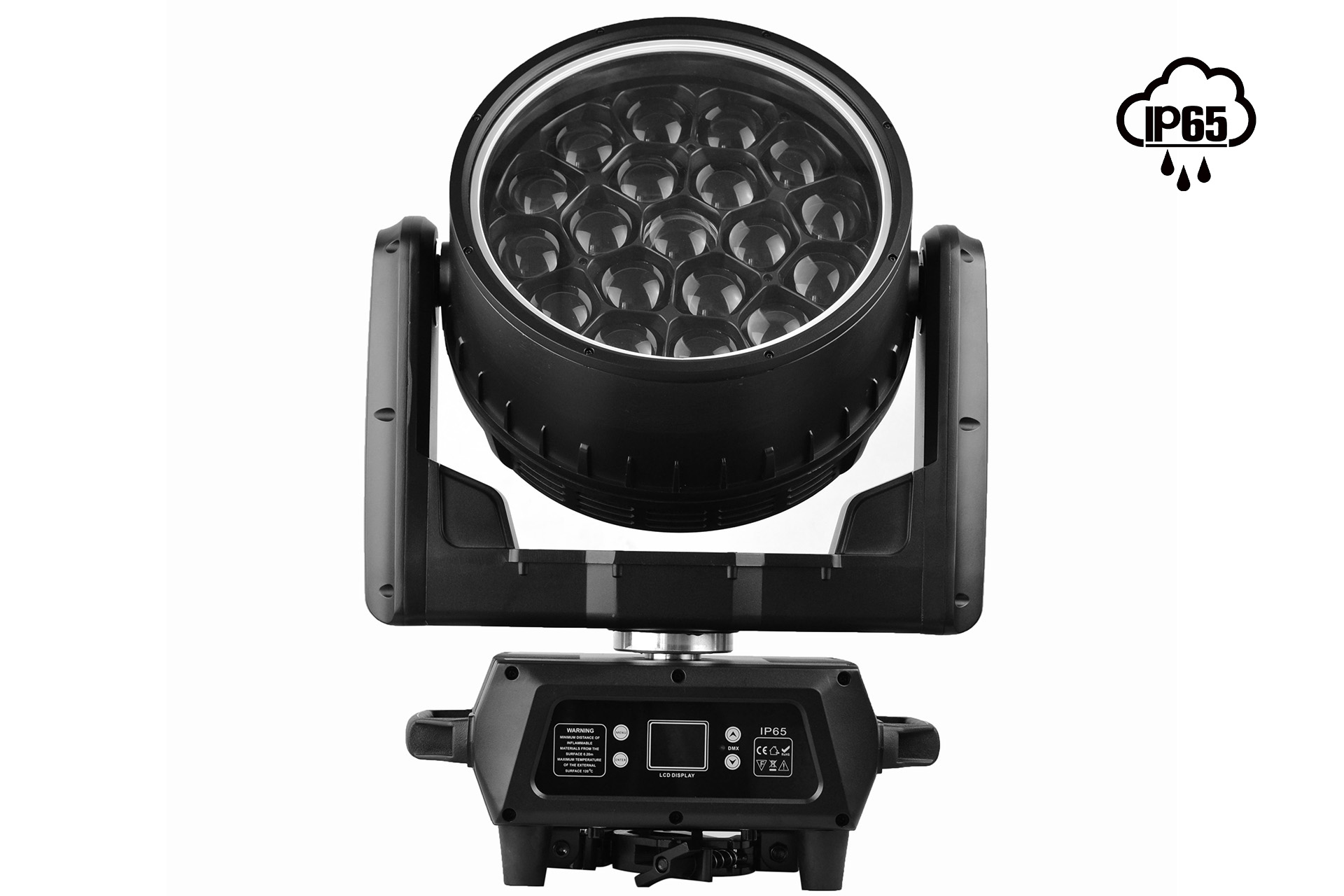 FOS HYDOR Wash IP65 Refletor LED preto com 19 LEDs e suporte ajustável, painel de controlo digital, fundo branco.
