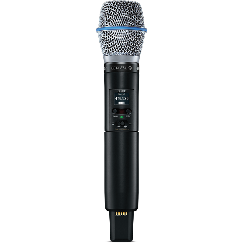 Shure - SLXD2/B87A - H56 (518-562 MHz) Microfone sem fios preto com grelha metálica prateada e visor digital