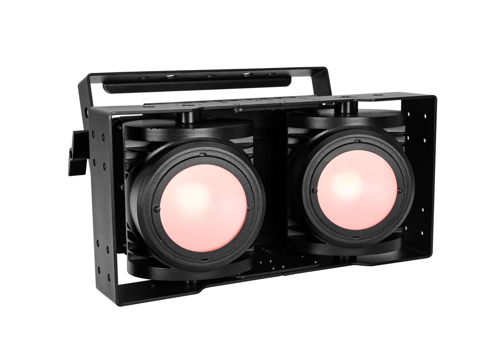 EUROLITE IP Audience Blinder 2x100W LED COB RGB+WW Projetor de luz profissional preto com duas lentes e luz rosa